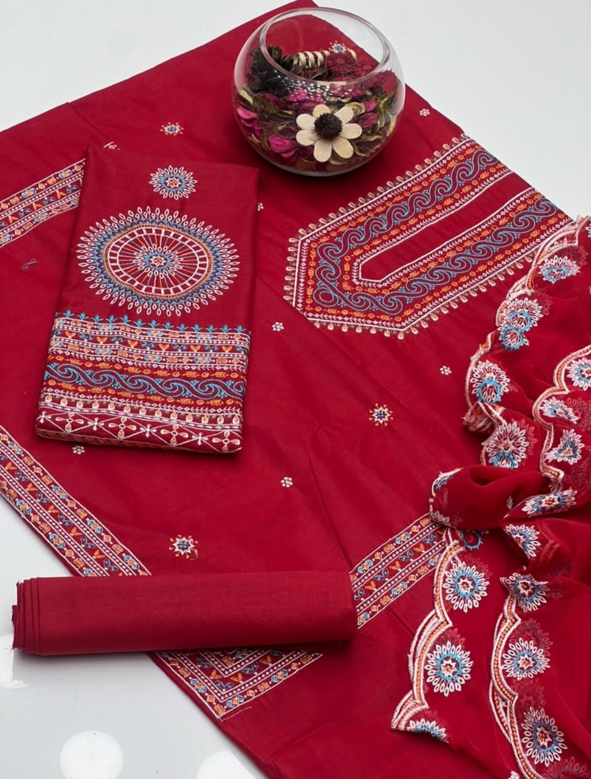 Luxury Lawn Cotton Embroidered 3 Piece Unstitched Suit with Cutwork Chiffon Dupatta