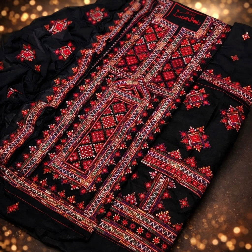 Black Georgette Unstitched Balochi Ghagha with Multi Thick Thread Embroidery & 9mm Sitara Work