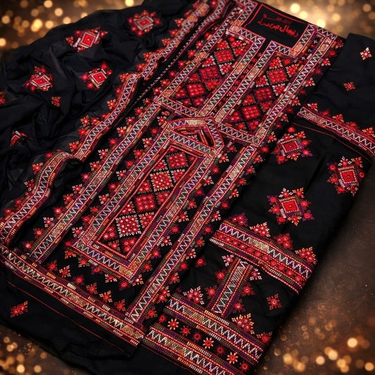 Black Georgette Unstitched Balochi Ghagha with Multi Thick Thread Embroidery & 9mm Sitara Work