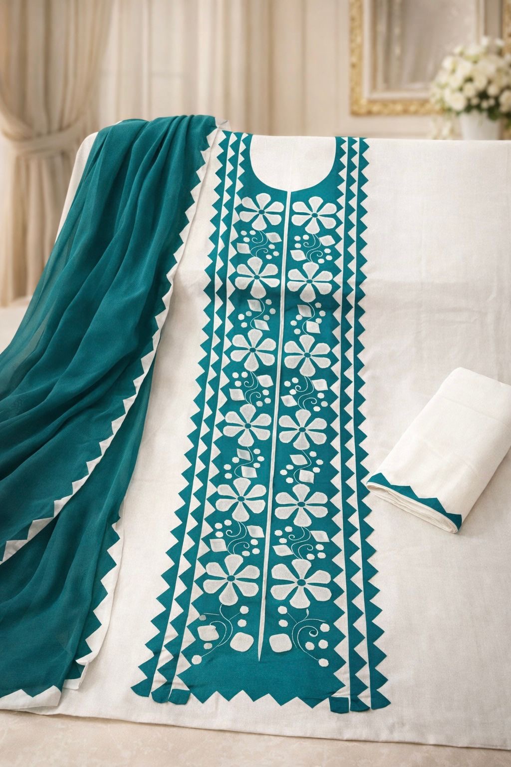 Handmade Applique Work Suit – Soft Cotton Fabric with Contrast Chiffon Dupatta - 3PC Unstitch Dress