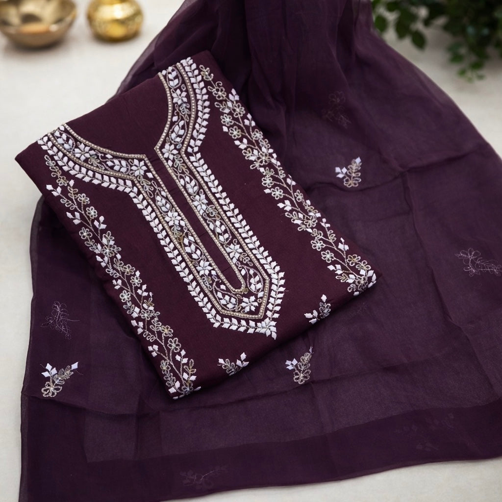 Handmade Applique Leaf, Zari & Pearl Work Lawn Fabric With Chiffon Dupatta 3PC Dress