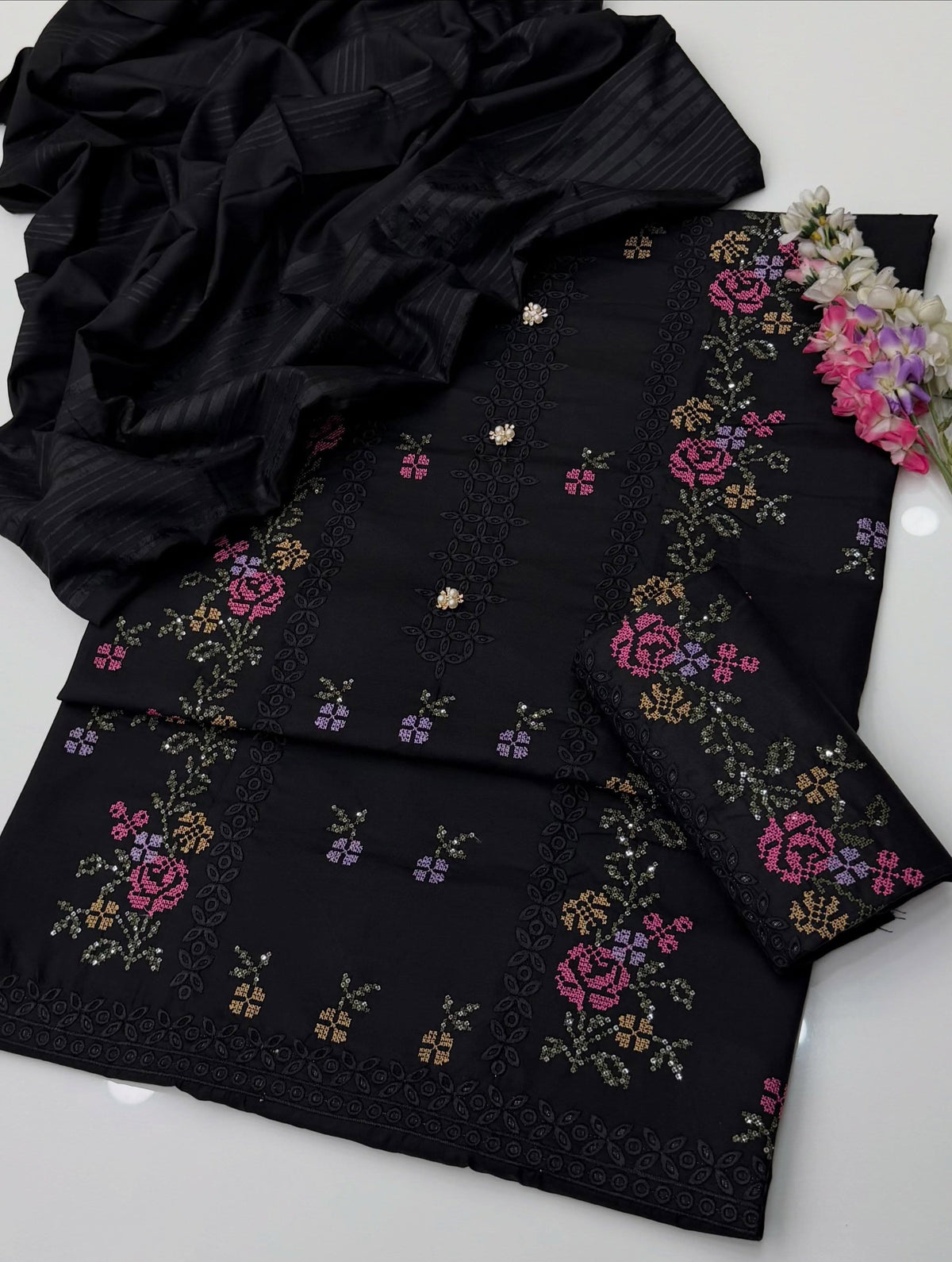 Chikankari Sequence Sitara Cross Stitch Floral Embroidered Dhanak Fabric with Velvet Border Shawl Dupatta | 3PC Unstitch Dress | Winter |