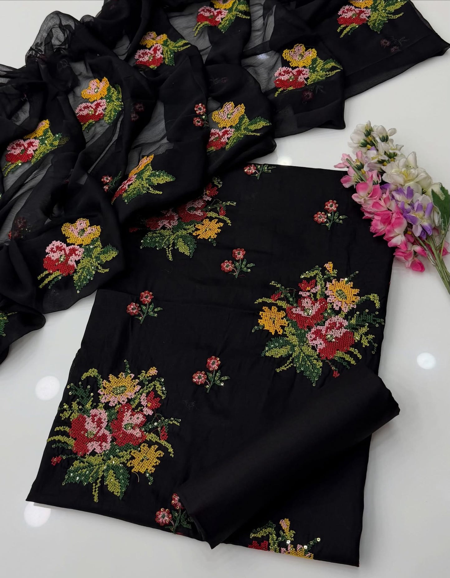 Cross Stitch 3MM Sequence Floral Embroidered Lawn Cotton Shirt & Trouser with Embroidered Chiffon Dupatta | 3 Piece Unstitched Dress
