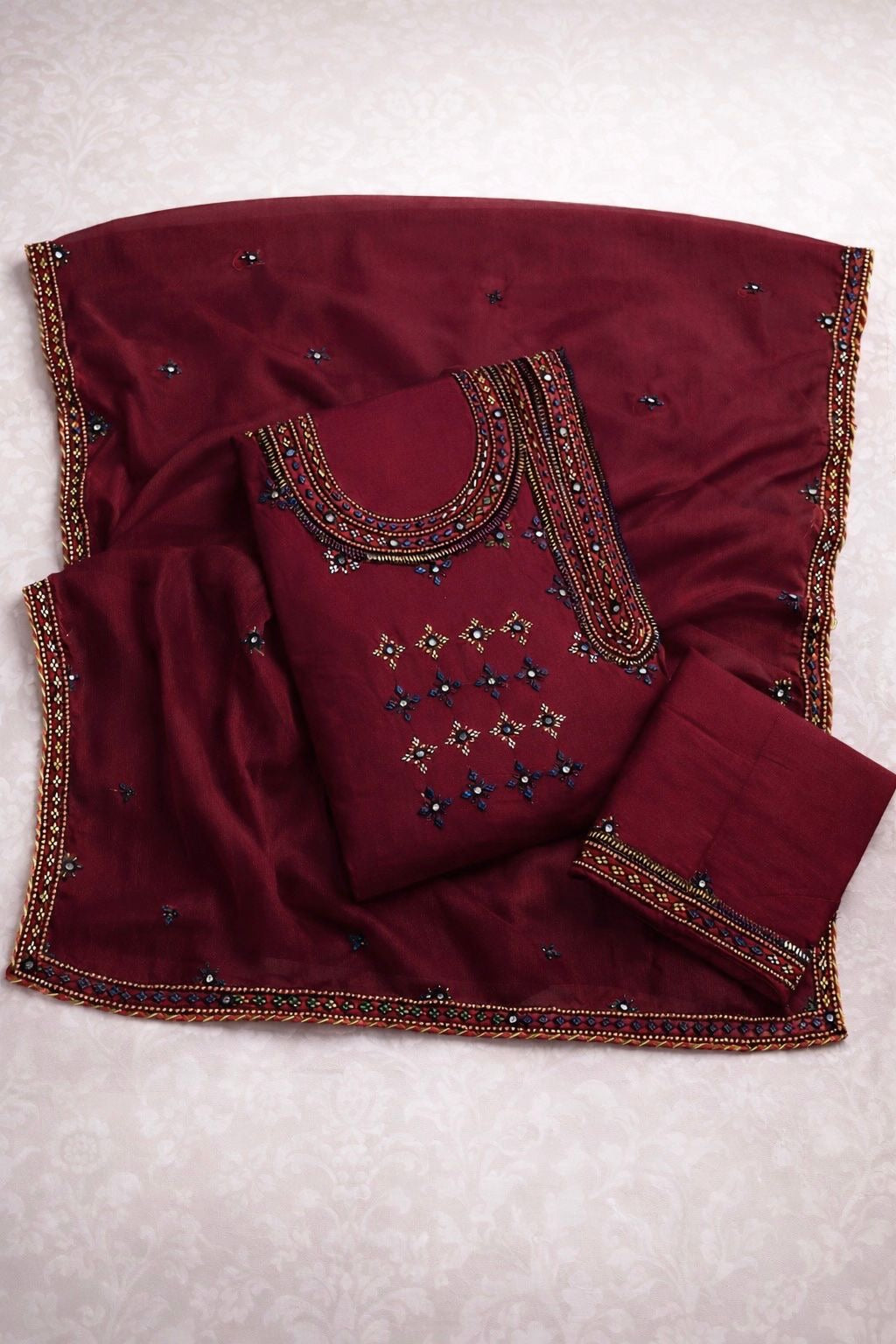 Angrakha Style Gala Balochi Handmade Original Mirror Work Lawn Cotton with Chiffon Dupatta - 3PC Unstitch Dress 👗