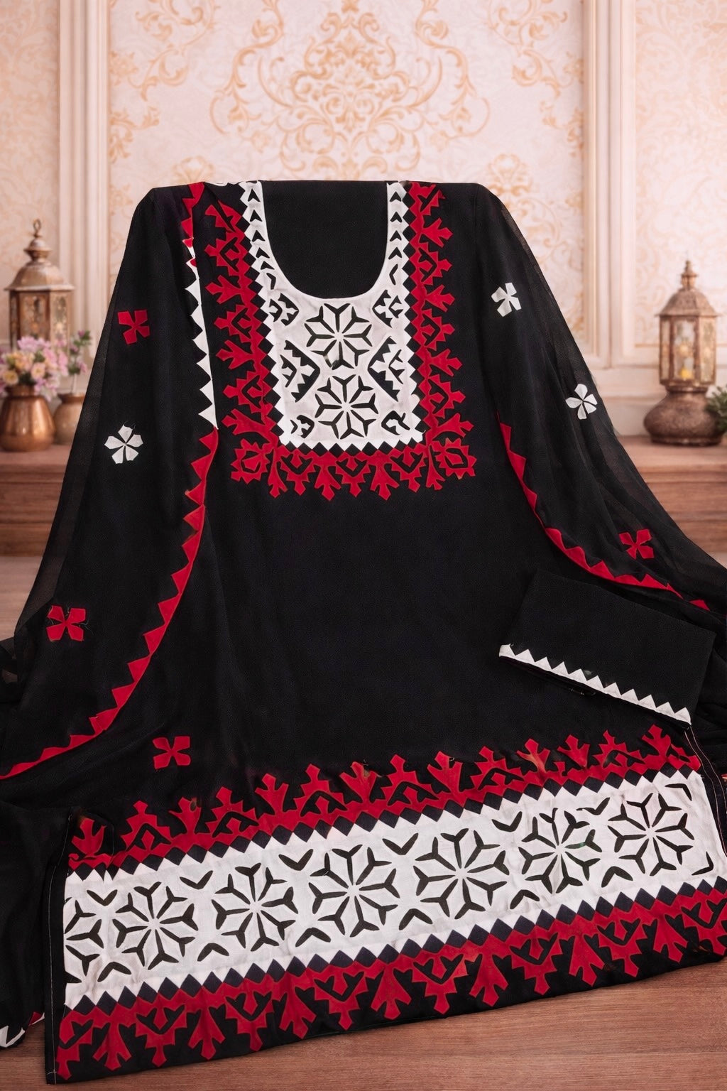 Pure Handmade Applique Work Unstitched 3 Piece Dress