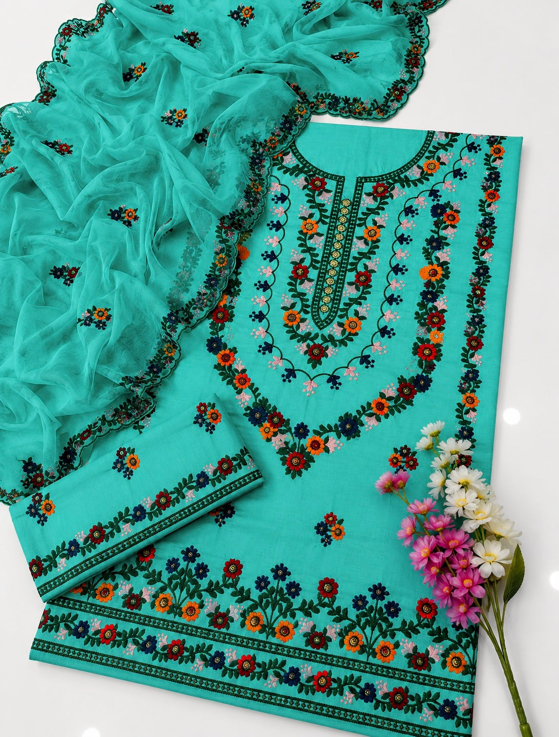 3MM Sequence Sitara Pakka Thread Multi Embroidered Lawn Cotton Suit with Premium Chiffon Cutwork Dupatta – 3PC Unstitched Dress 👗