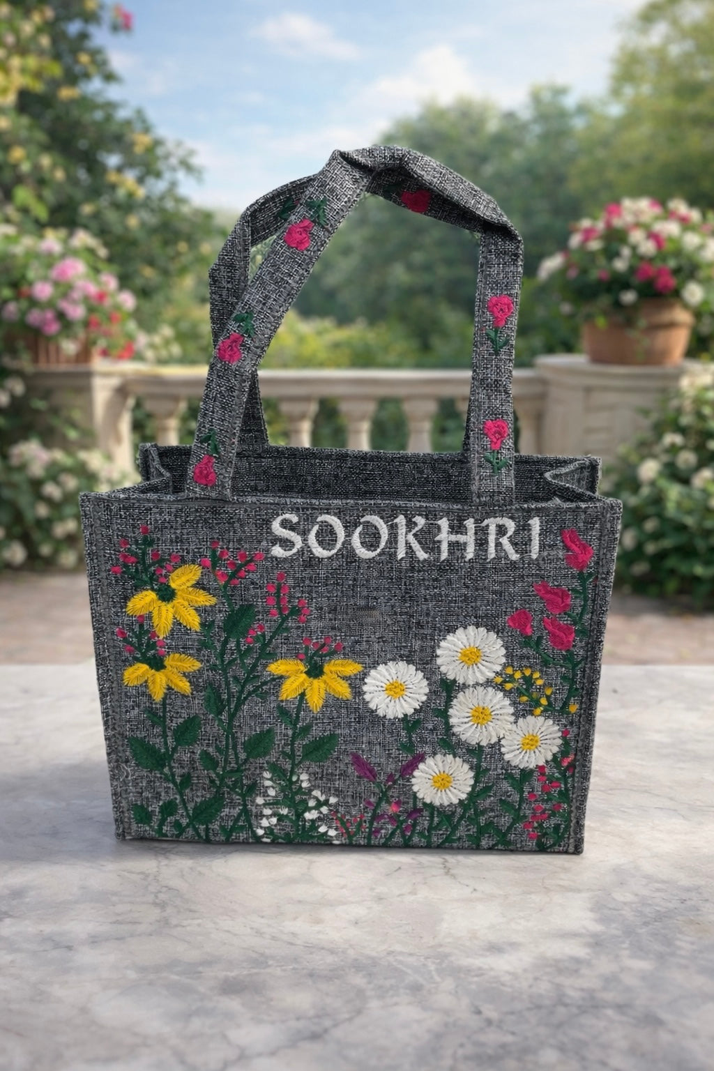 Floral Embroidered Jute Fabric Tote Bag – Medium Size