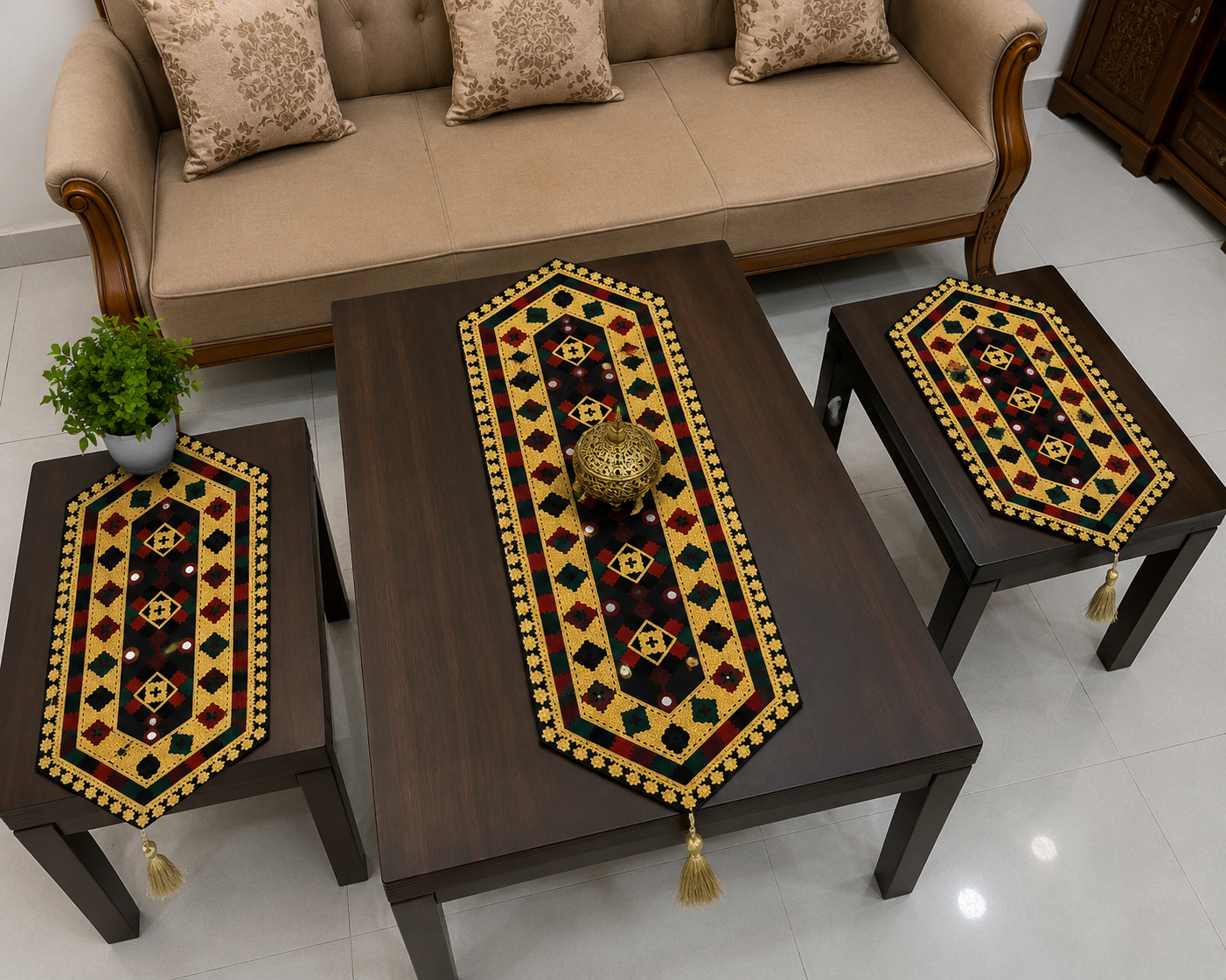Antique Multi Sitara Machine Embroidered Sofa Table Mats 3pc Set