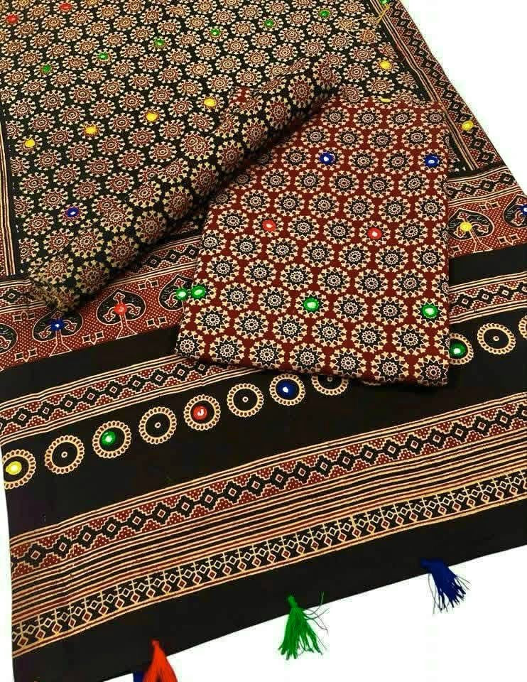 Ajrak Block Print Cotton 3-Piece Suit with Multi Sitara Foil Work – Hand-Dyed Traditional Elegance
