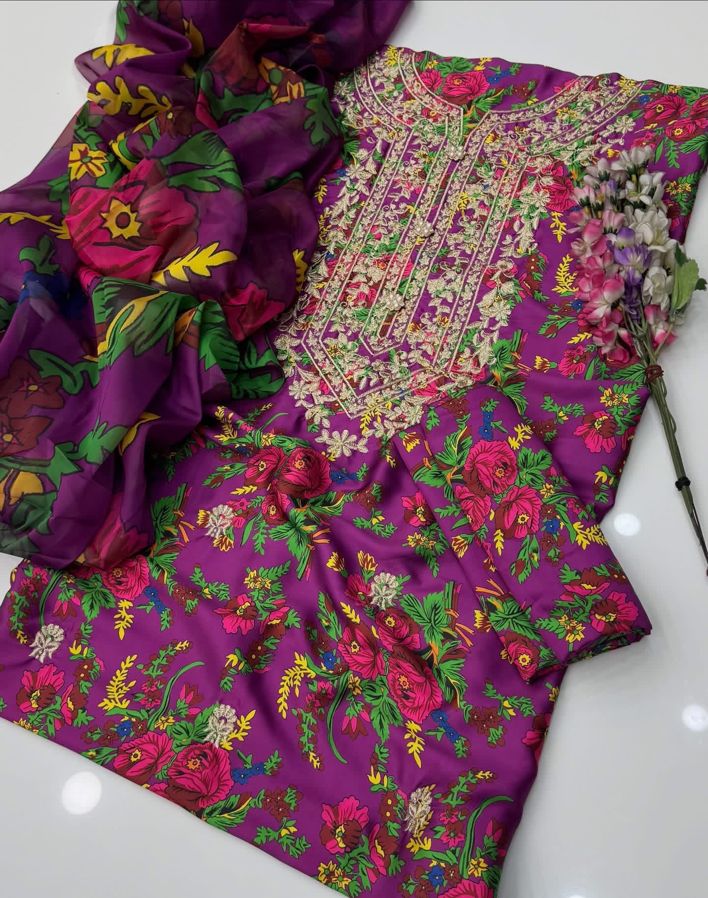 Premium Shamose Silk 3-Piece Zari Neck Embroidered Suit