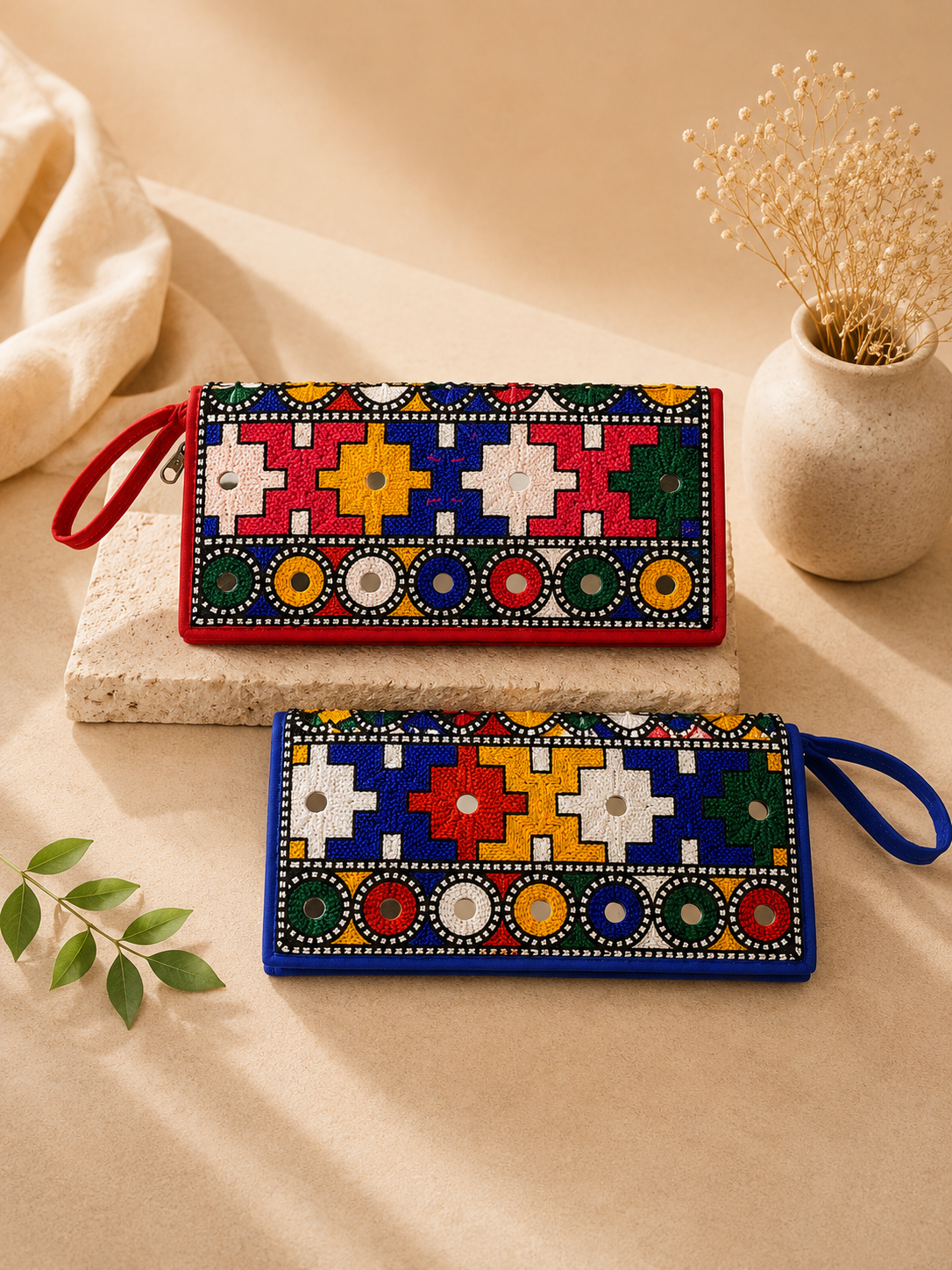Traditional Multi-Aari Sitara Embroidered Mobile & Cash Clutches for Women (Pack of 2)