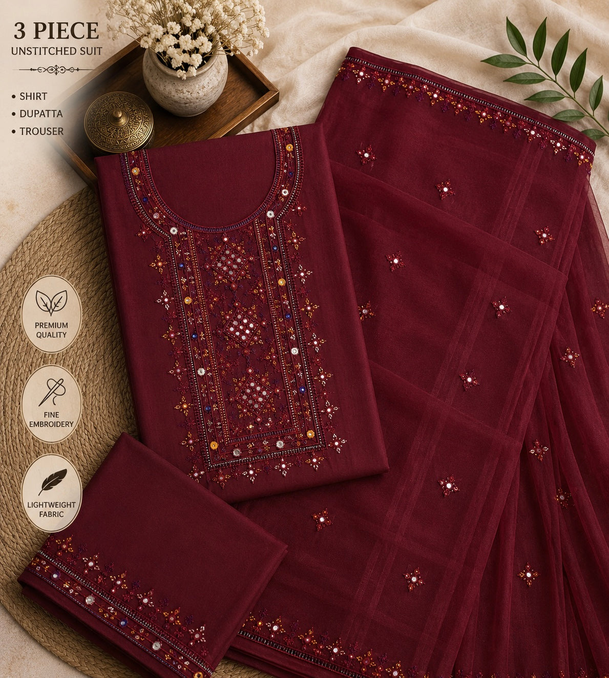 Balochi Thick Thread 9MM Sitara Embroidered Lawn Cotton with Chiffon Dupatta -3PC Unstitch Dress 👗