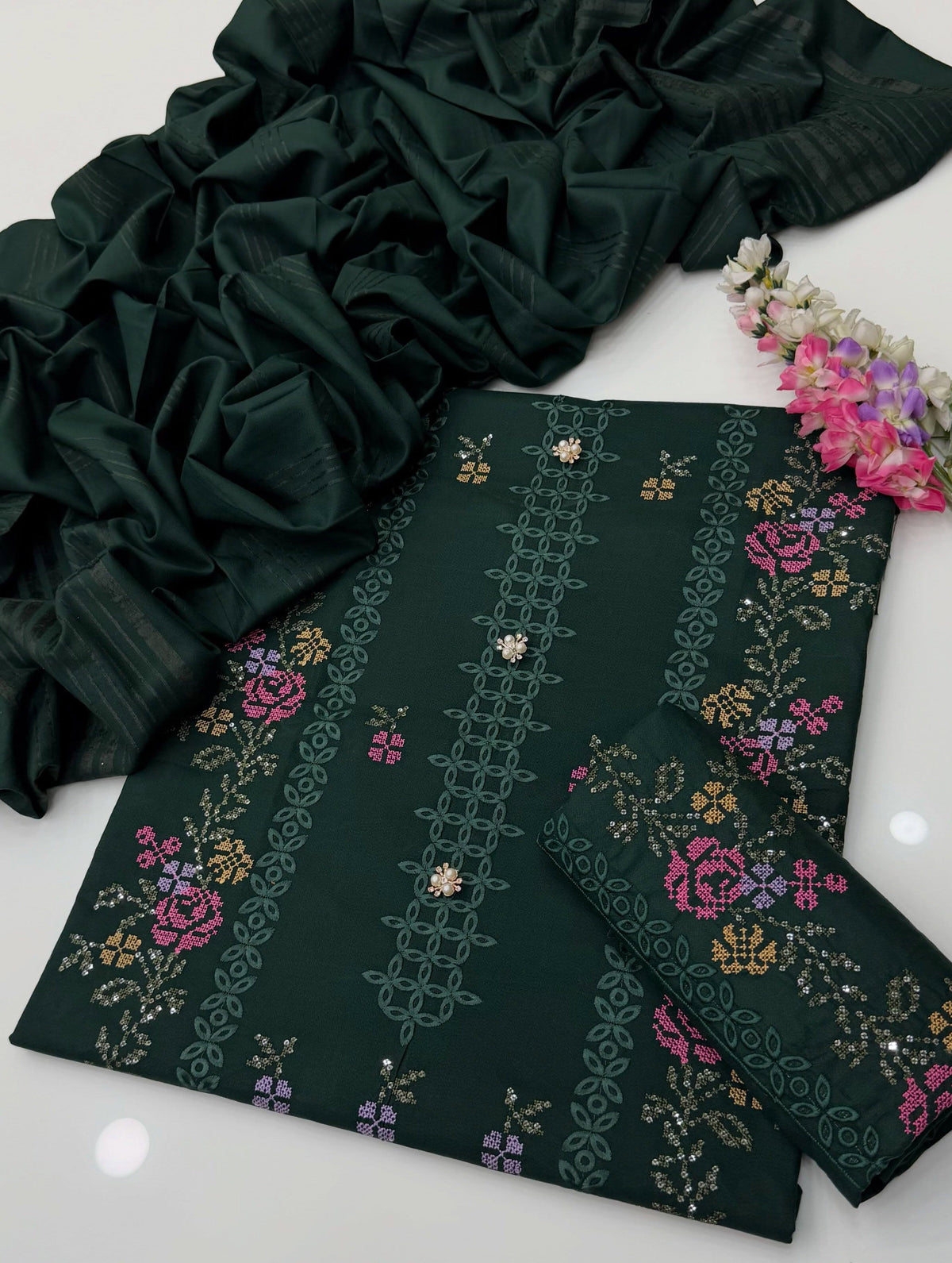Chikankari Sequence Sitara Cross Stitch Floral Embroidered Dhanak Fabric with Velvet Border Shawl Dupatta | 3PC Unstitch Dress | Winter |
