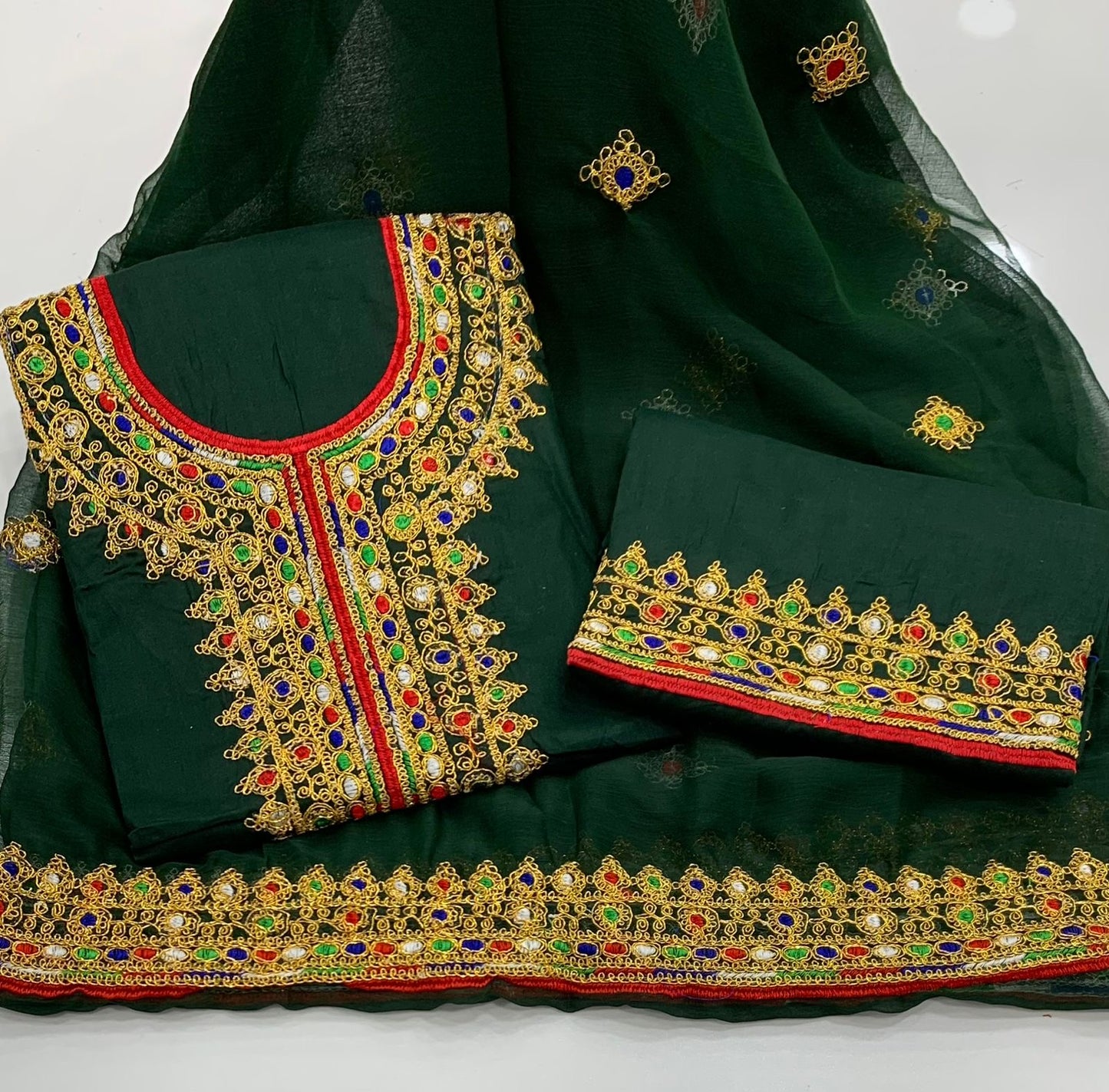 Winter Cotton 3-Piece Suit with Heavy Mukka Machine Work & Chiffon Dupatta