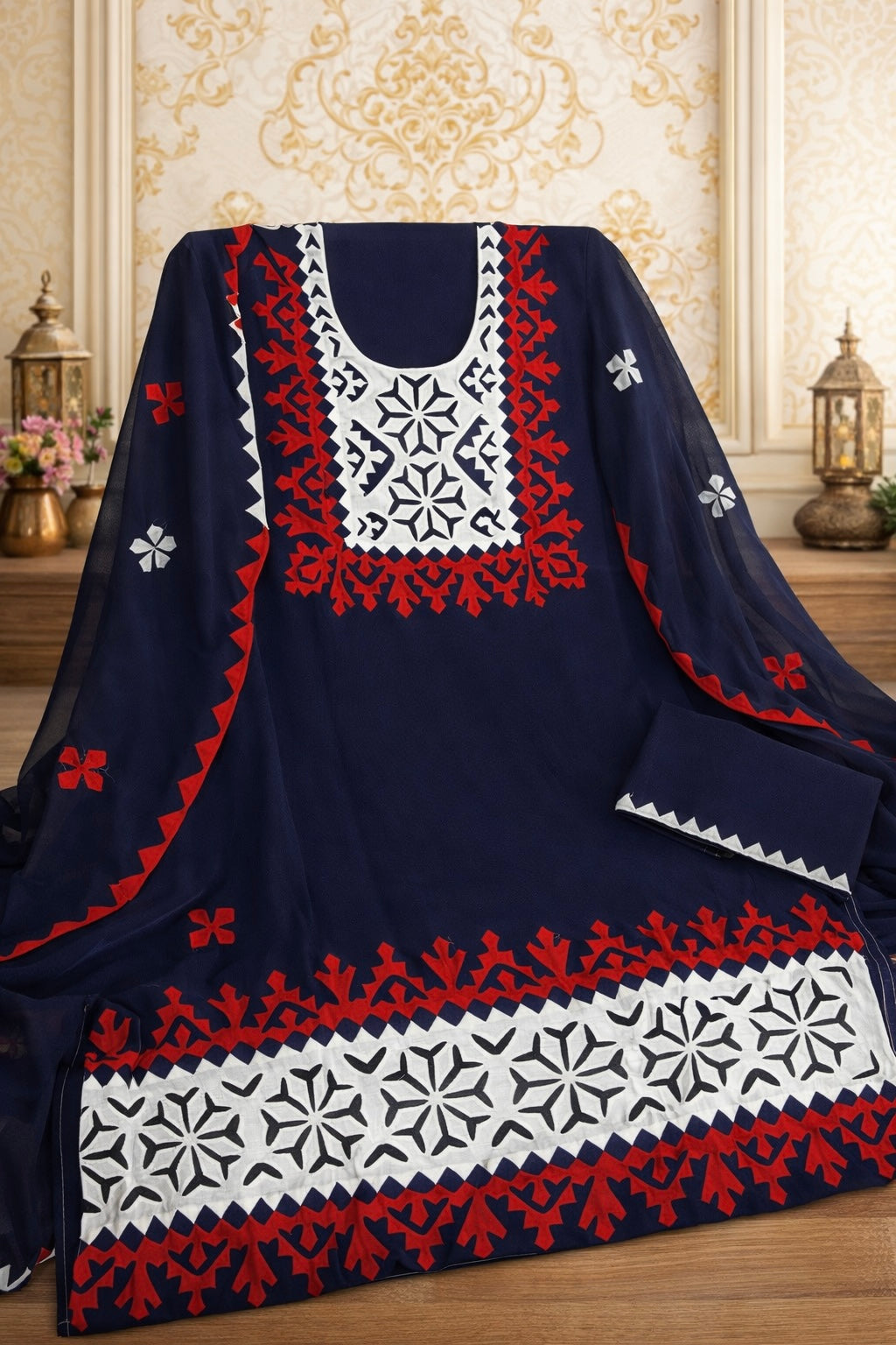 Pure Handmade Applique Work Unstitched 3 Piece Dress