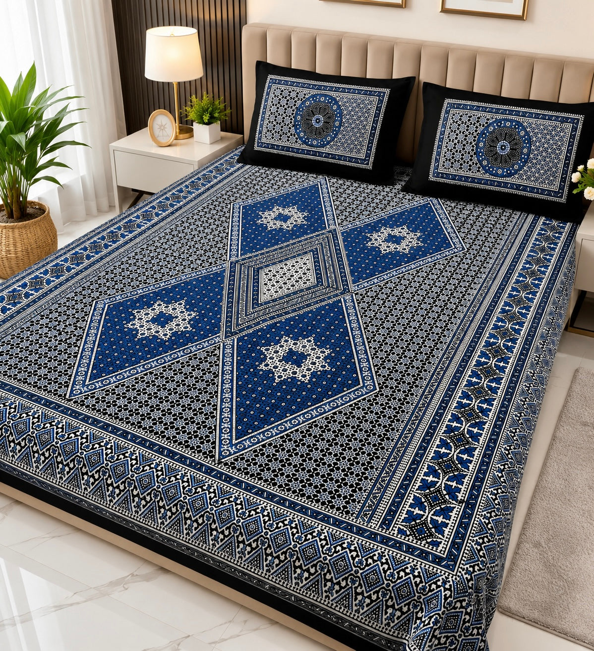 King Size Ajrak Block Hand Print Cotton Stuff Bedsheet Set with 2 Unstitched Pillow Covers