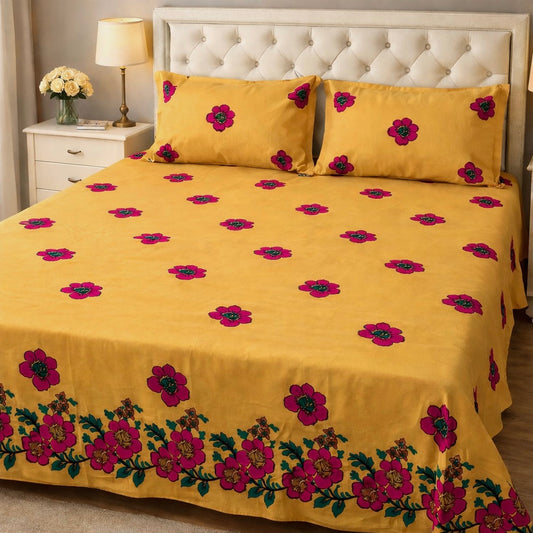 Floral Arri Embroidered Work King Size Double Bed Bedsheet With Two Stitched Pillow Covers