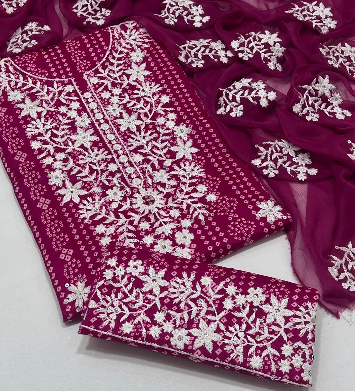 Winter Thick Thread Sequence Sitara Work Embroidery Chunri Marina Fabric 3pc Dress