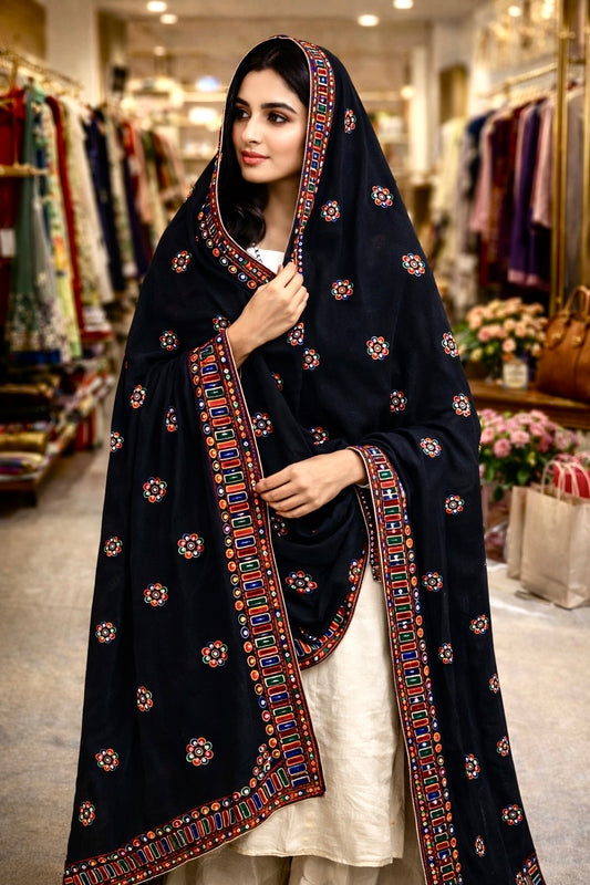 Premium Balochi Sequence Sitara Embroidered Shawl | Swiss Voile Fabric | 4-Side Border Work