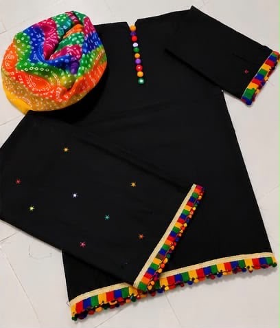 Black Lawn Cotton Fabric with Multi Ball Sitara Foil Lace Embroidery Work Shirt & Trouser with Chunri Print Dupatta | 3PC Unstitched Dress