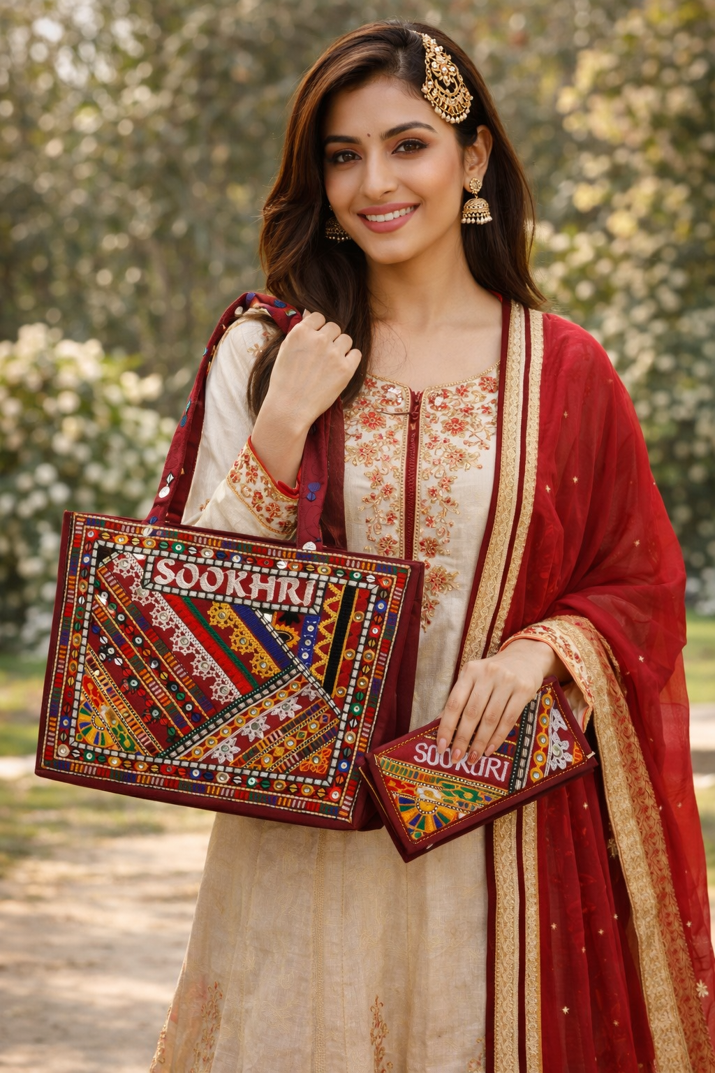 Traditional Multi-Pattern Antique Embroidered Handbag with Matching Clutch