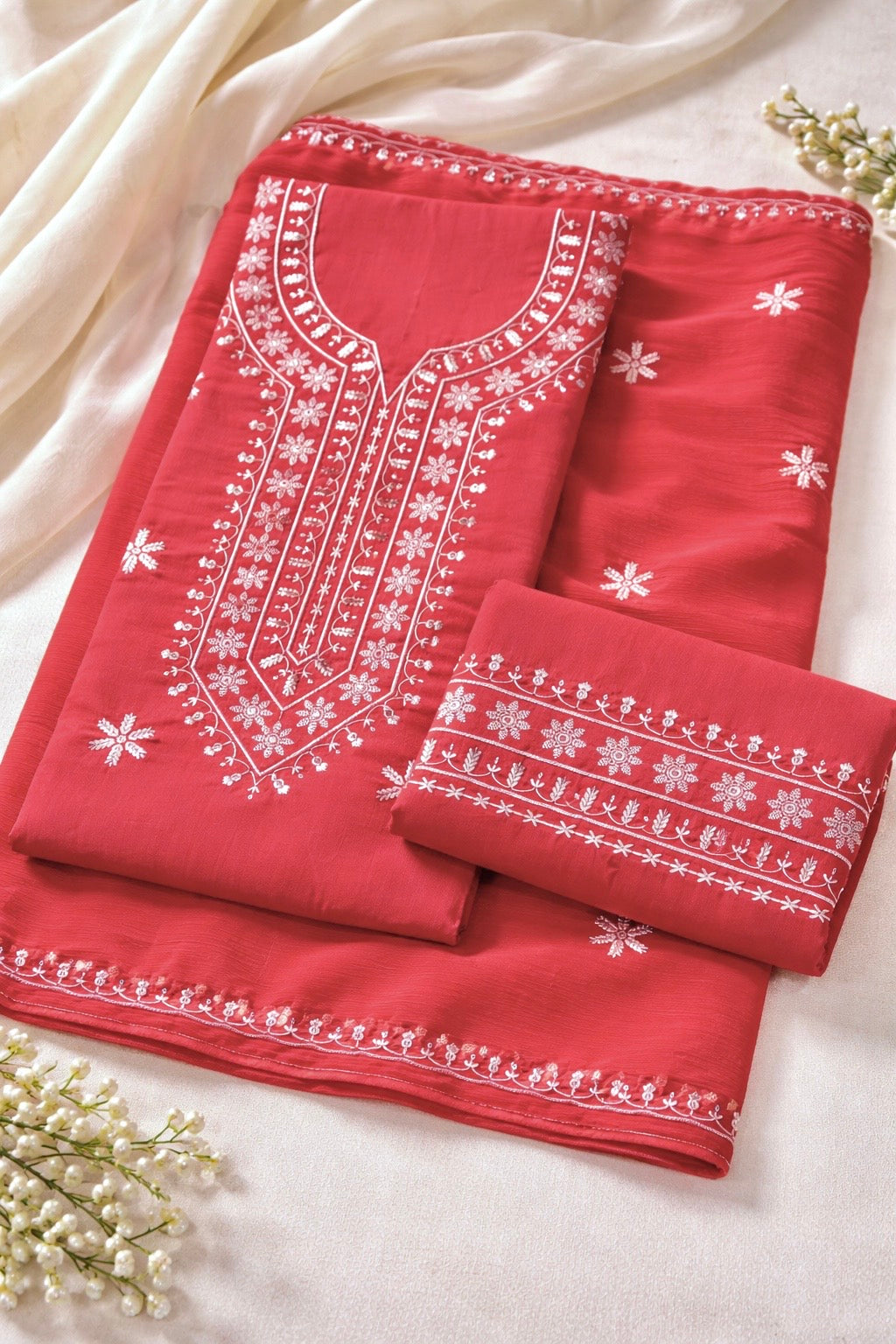Elegant White Sequence Sitara Embroidery Soft Cotton with Chiffon Dupatta - Unstitch 3PC Dress 👗