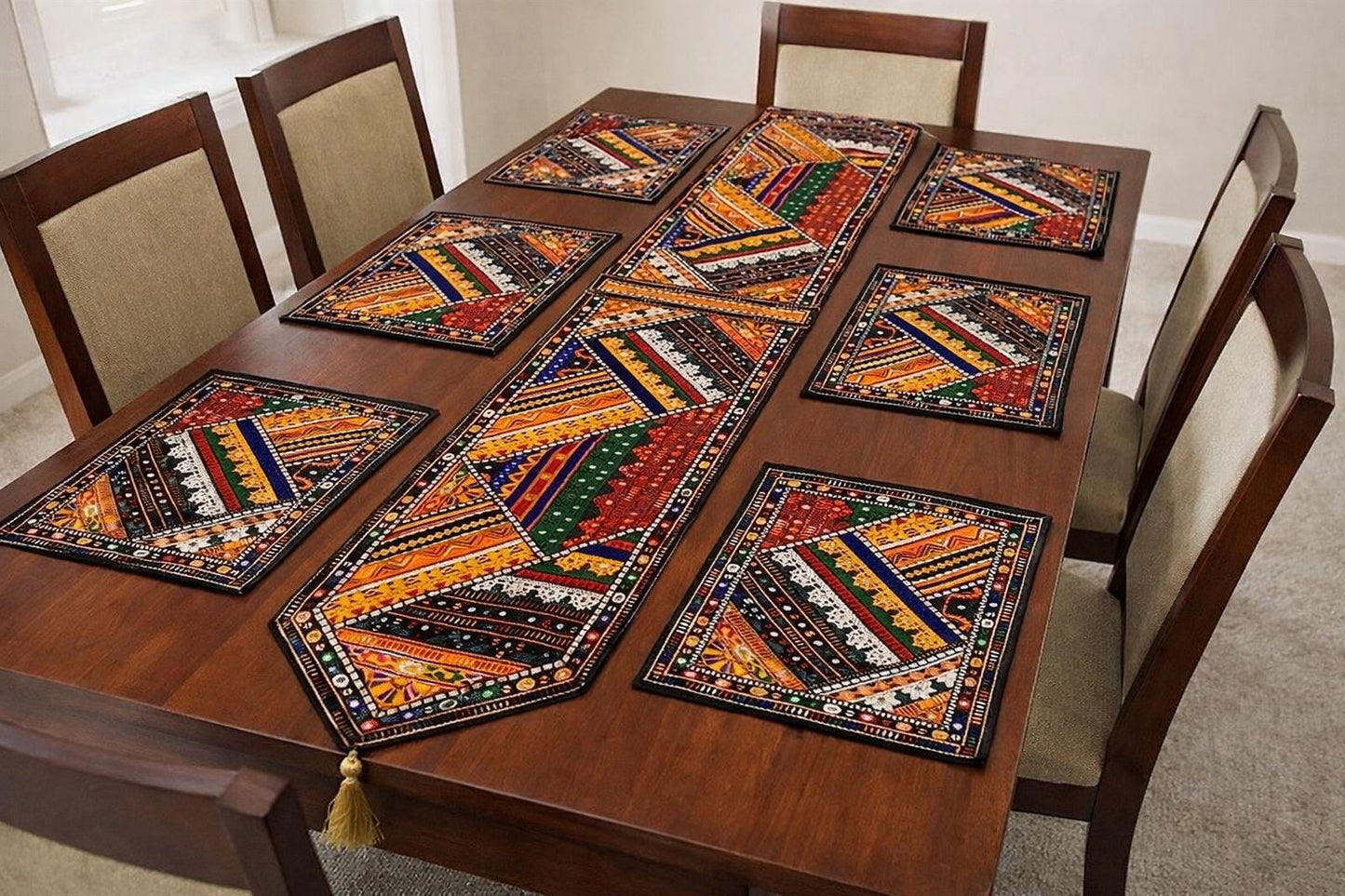 Dinning Table Embroidered Mats With Long Runner 7pc Set