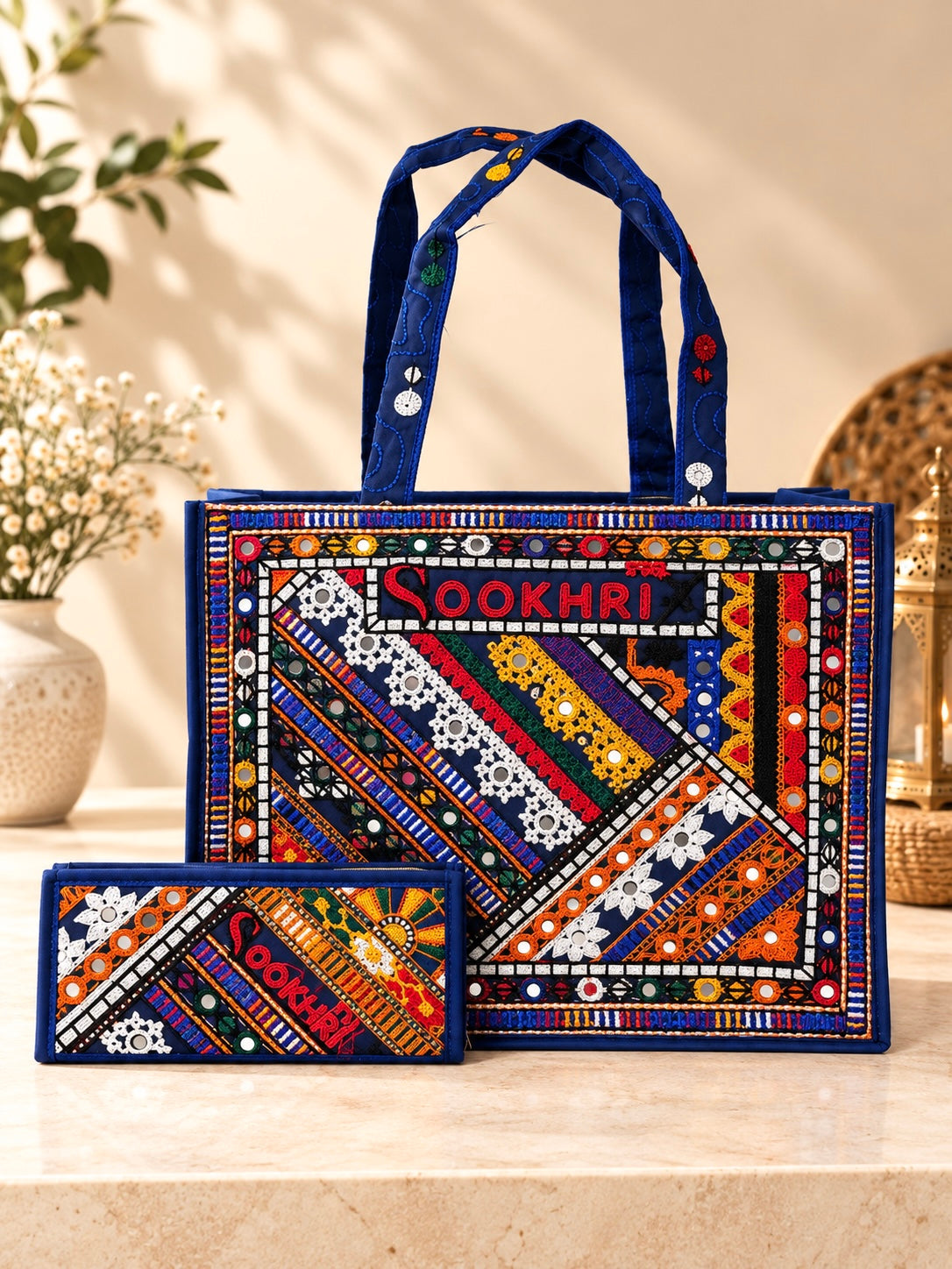 Traditional Multi-Pattern Embroidered Handbag with Matching Clutch – Antique Design