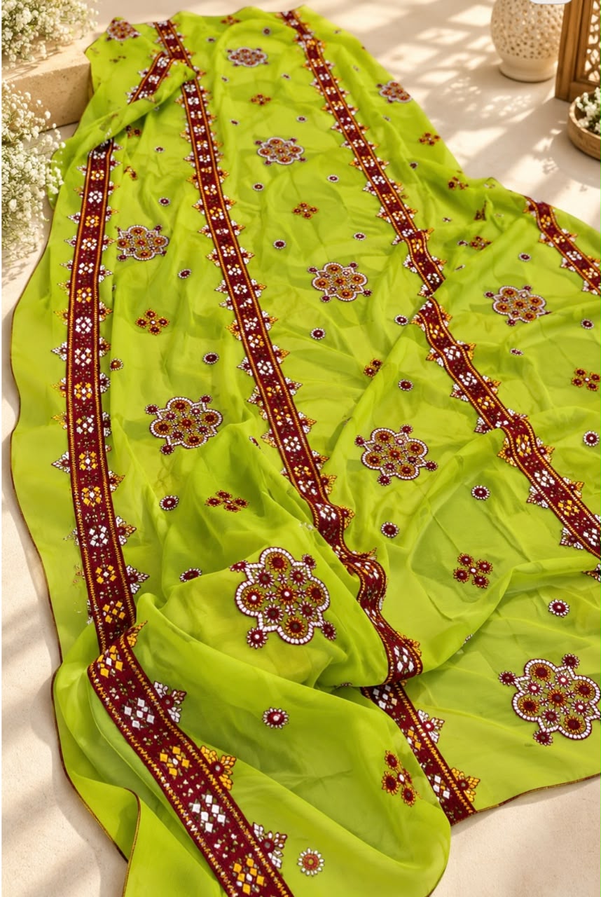 Crinkle Chiffon Balochi Four Panel Thick Thread Sitara Embroidery Chaddar
