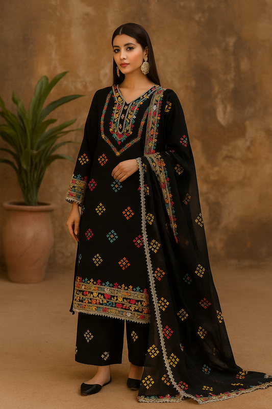 Elegant 3-Piece Embroidered Suit – Multicolor Inspired Traditional Design