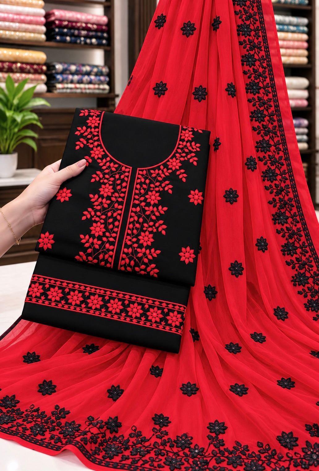 Computer Flower Patti Applique Embroidered Soft Cotton Shirt & Trouser with Contrast Chiffon Dupatta - 3 Piece Unstitched Suit
