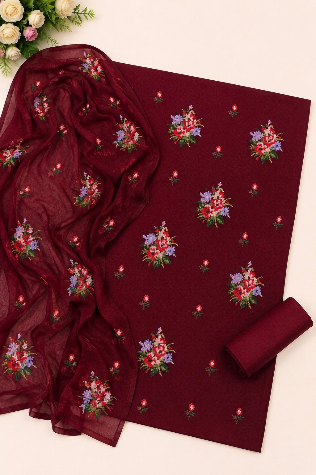 Cross Stitch Multi Floral Bunches Embroidered Lawn Cotton Shirt & Trouser with Chiffon Dupatta - 3PC Unstitched Dress