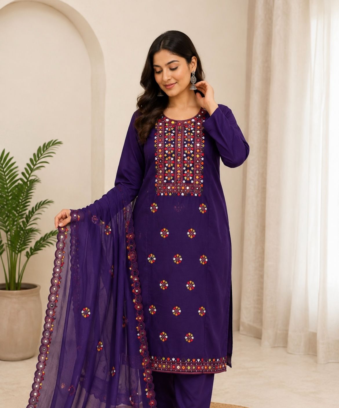 Multi Balochi Thick Thread Sitara Embroidered Soft Cotton with Cutwork Border Chiffon Dupatta - 3PC Unstitched Dress 👗