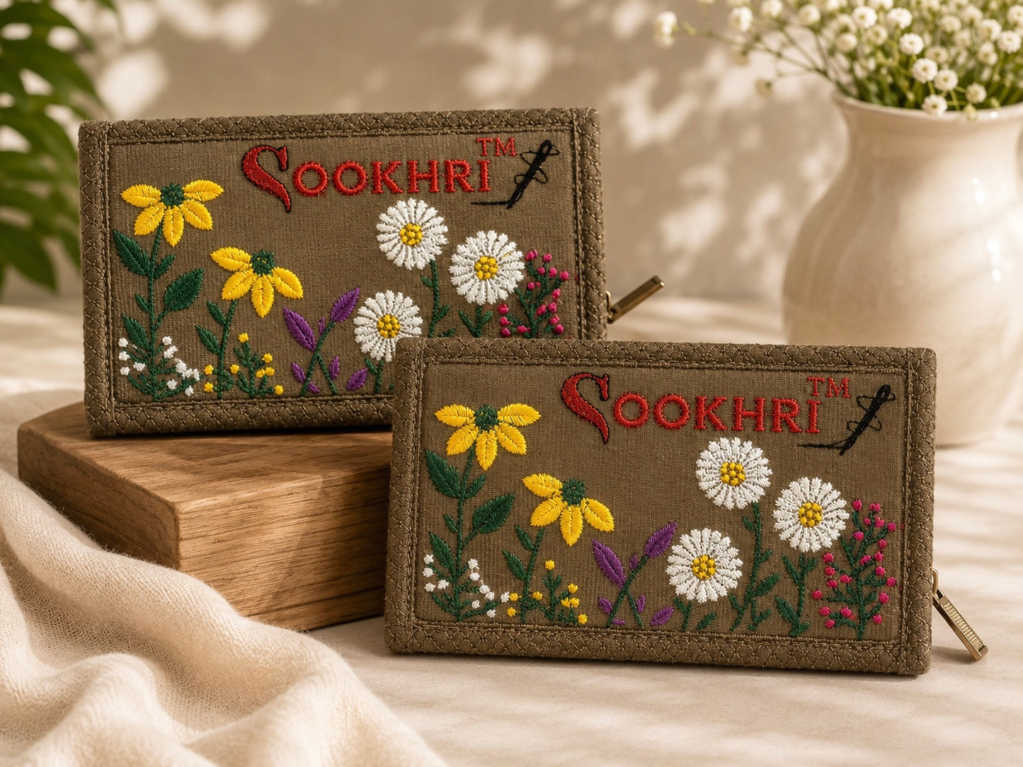 SOOKHRI Embroidered Velvet Clutch – Floral Zipper Wallet (Pair of 2)