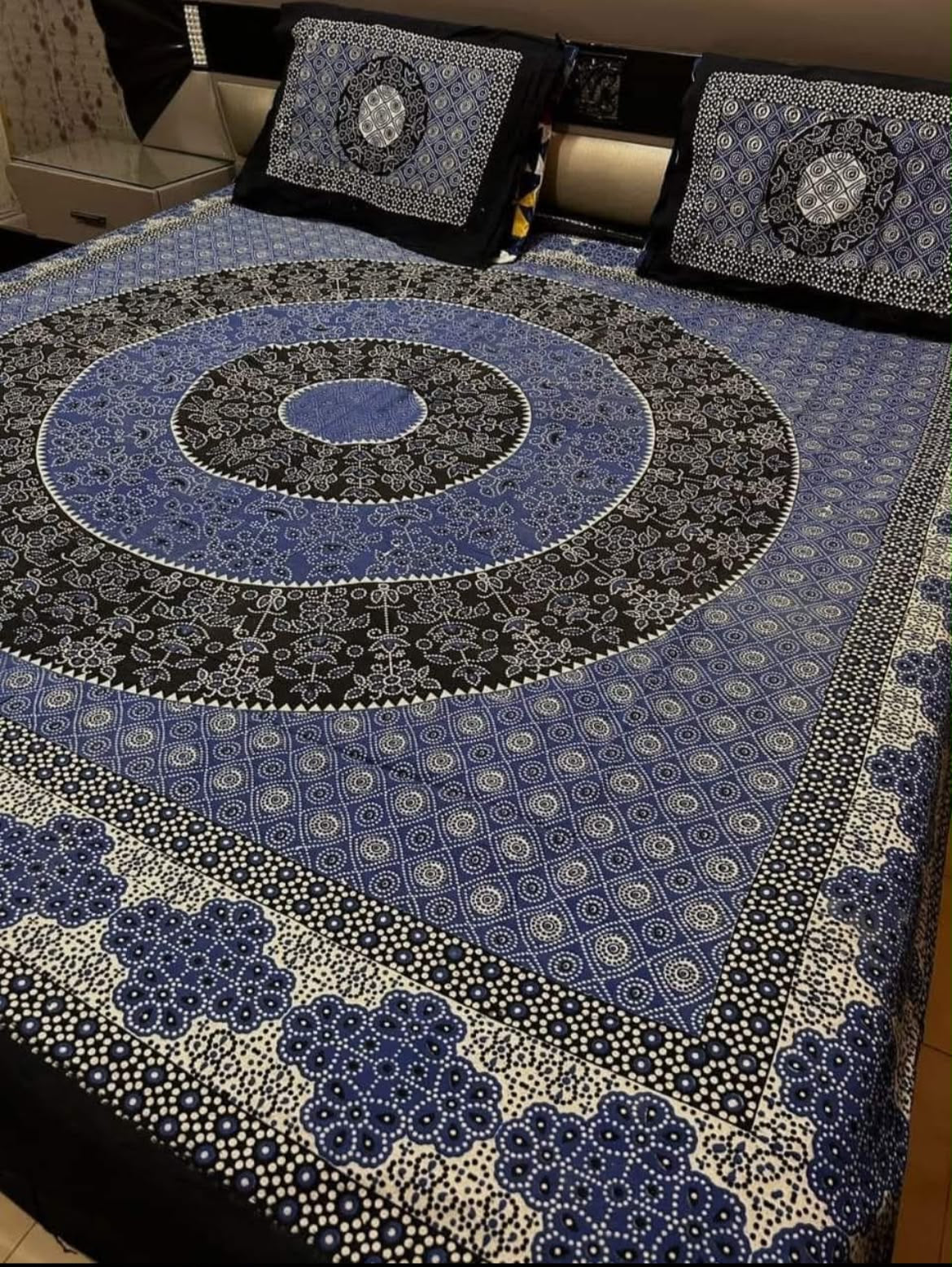 Ajrak Cotton King Size Block Print Bedsheet with 2 Unstitched Pillow Covers