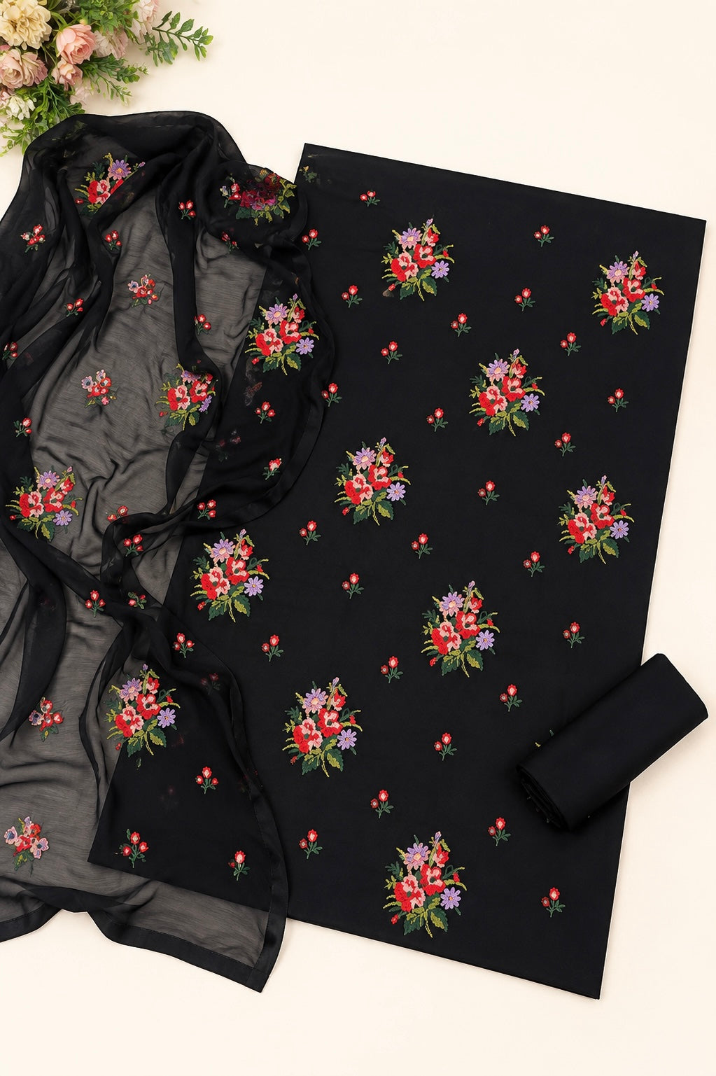 Cross Stitch Multi Floral Bunches Embroidered Lawn Cotton Shirt & Trouser with Chiffon Dupatta - 3PC Unstitched Dress