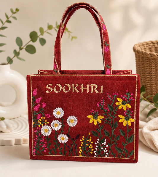 Floral Embroidered Jute Fabric Tote Bag – (14 Inches Length | 11 inches Width)