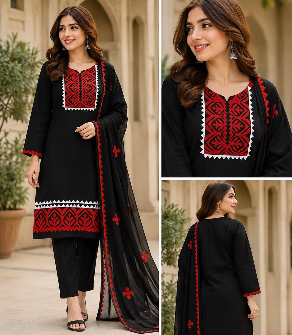 Handmade Applique Lawn Cotton with Chiffon Dupatta - 3PC Unstitch Dress