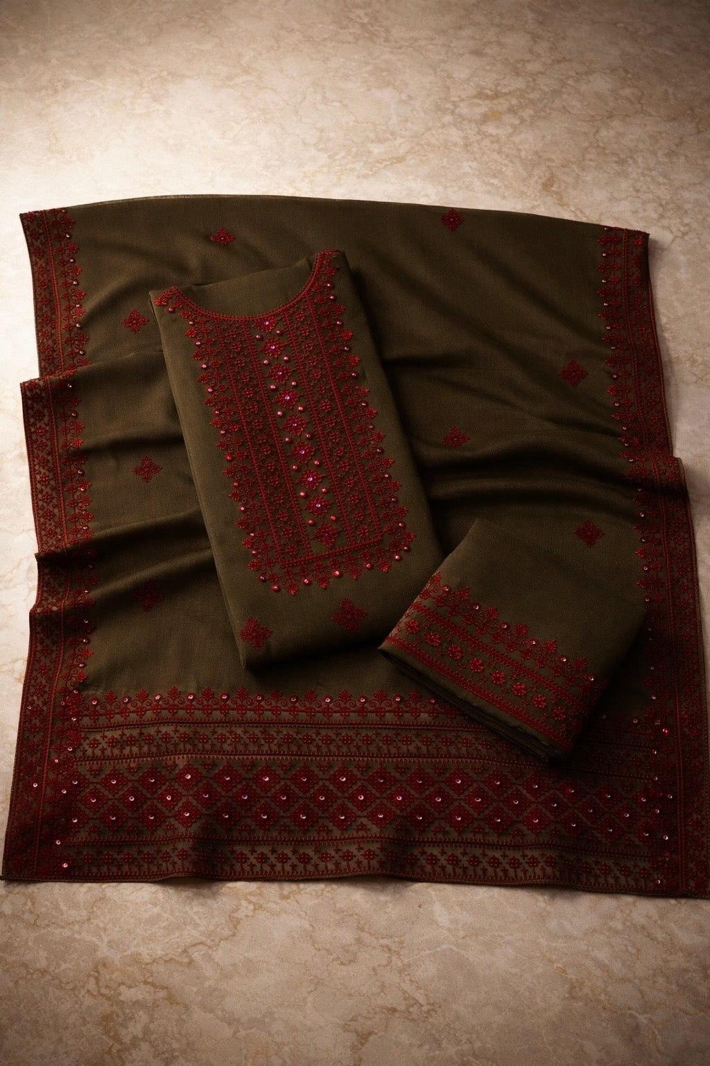Hurmucha Machine Work & Sitara Foil Detailing Embroidered Lawn Cotton with Chiffon Dupatta – 3PC Unstitch Dress 👗