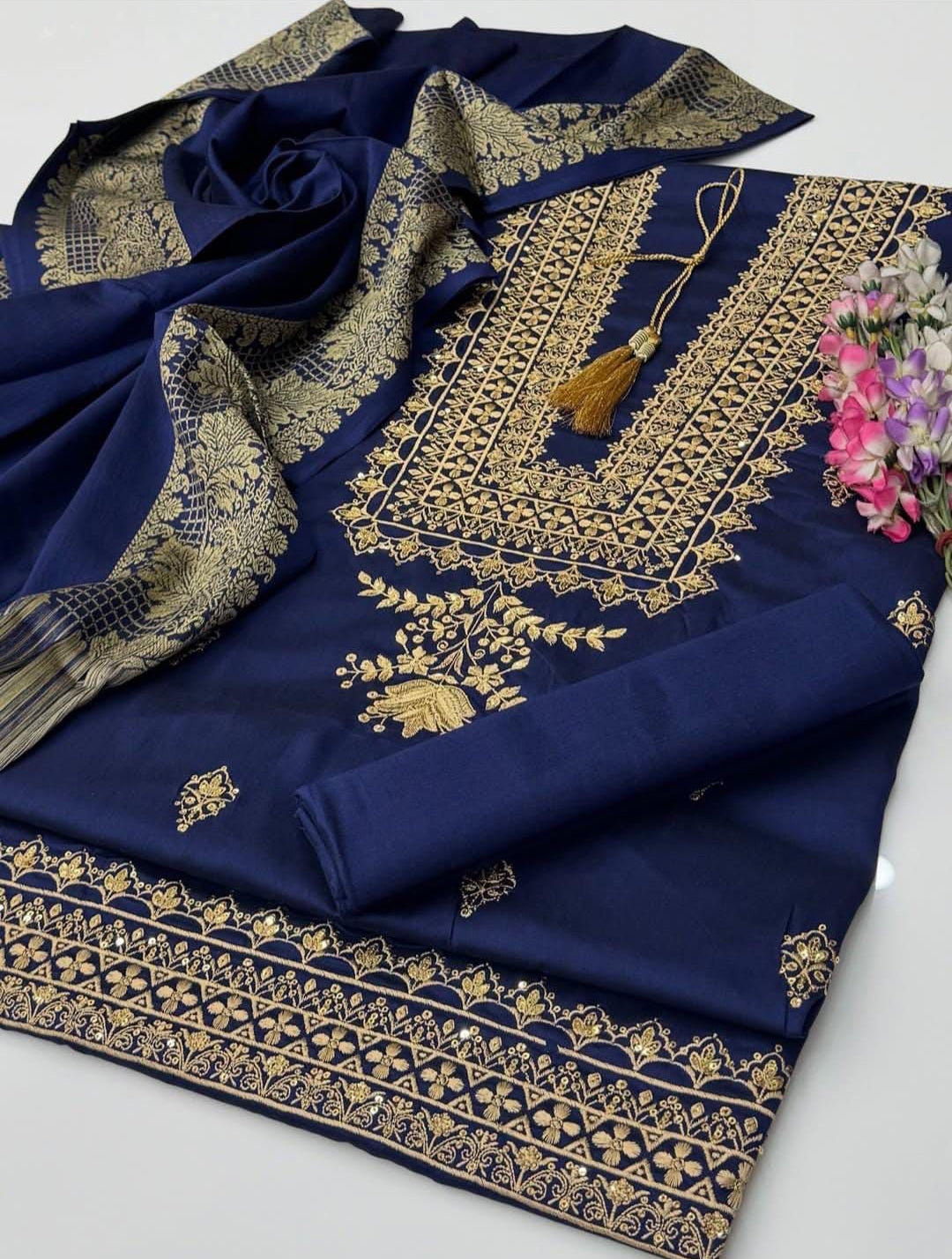 Winter Staple Soosi 3-Piece Suit | 3mm Sequence Embroidery with Jacquard Staple Soosi Shawl Dupatta