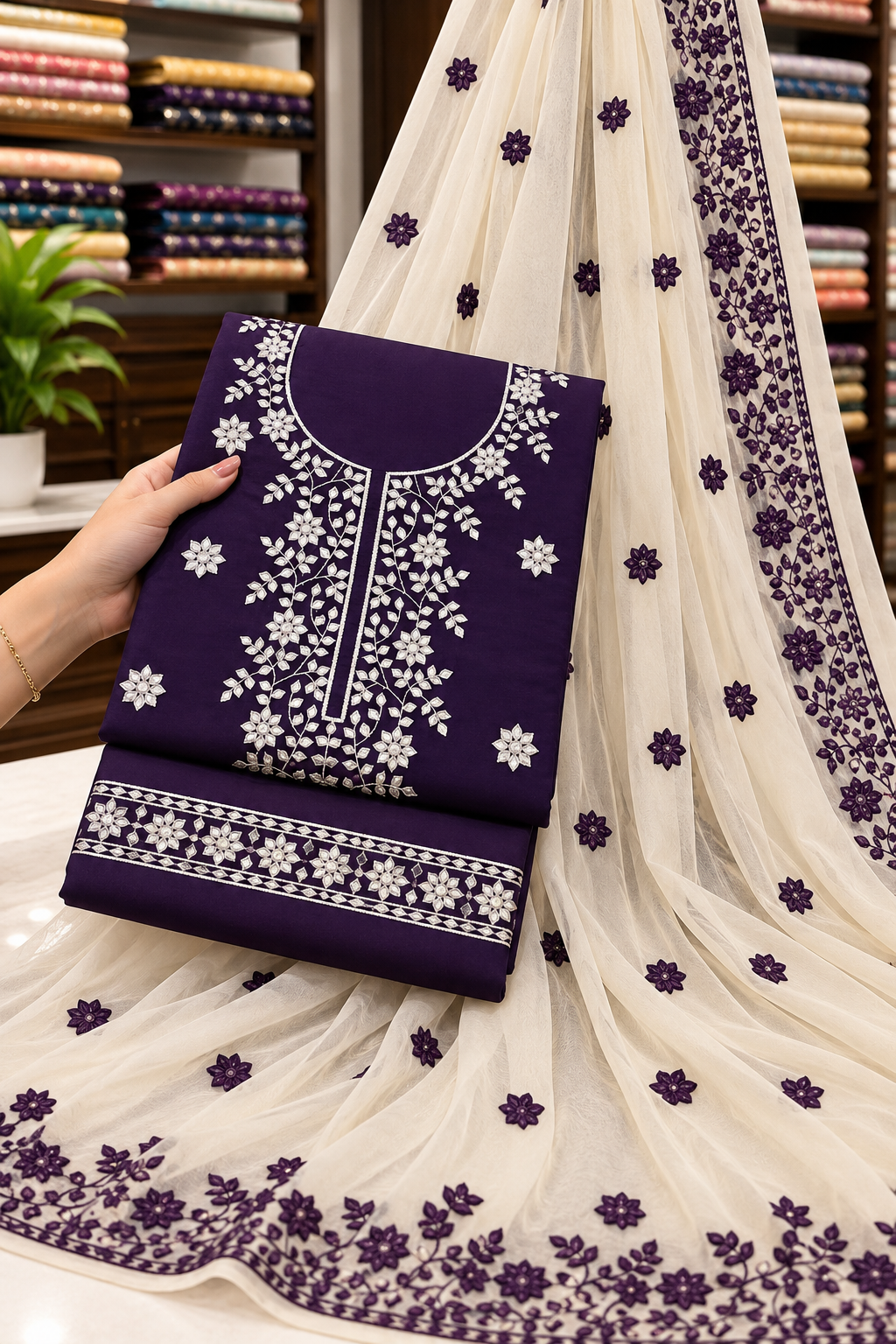 Computer Flower Patti Applique Embroidered Soft Cotton with Chiffon Dupatta - 3PC Unstitch Dress 👗