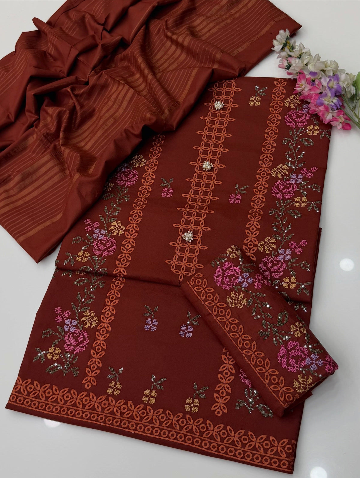 Chikankari Sequence Sitara Cross Stitch Floral Embroidered Dhanak Fabric with Velvet Border Shawl Dupatta | 3PC Unstitch Dress | Winter |