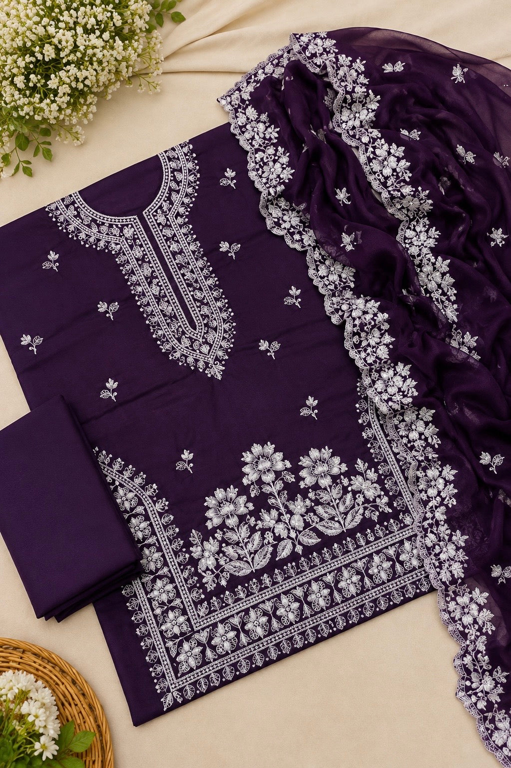 Elegant Computer Embroidered Soft Cotton Shirt & Trouser with Chiffon Cutwork Dupatta - 3PC Unstitched Dress 👗