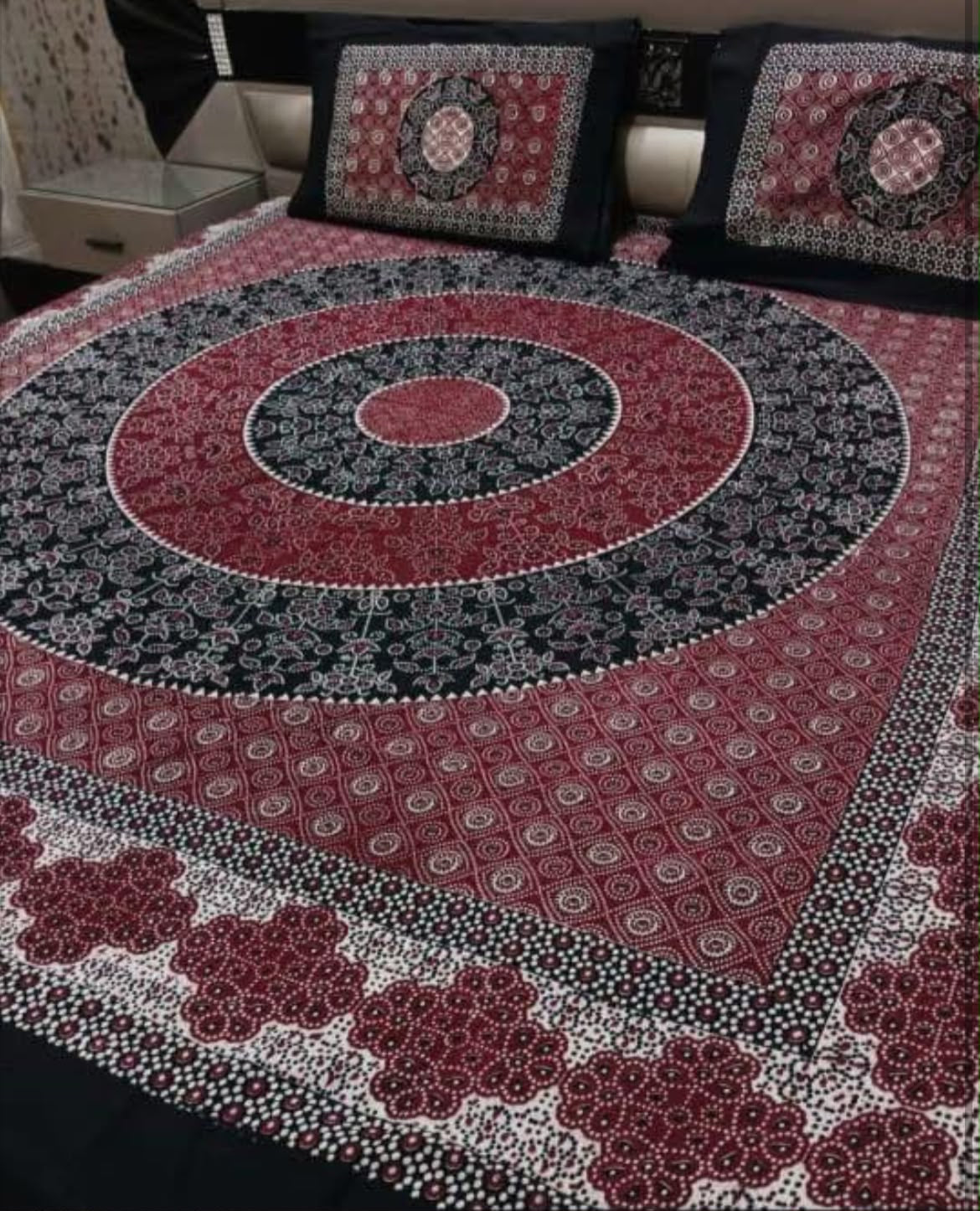 Ajrak Cotton King Size Block Print Bedsheet with 2 Unstitched Pillow Covers