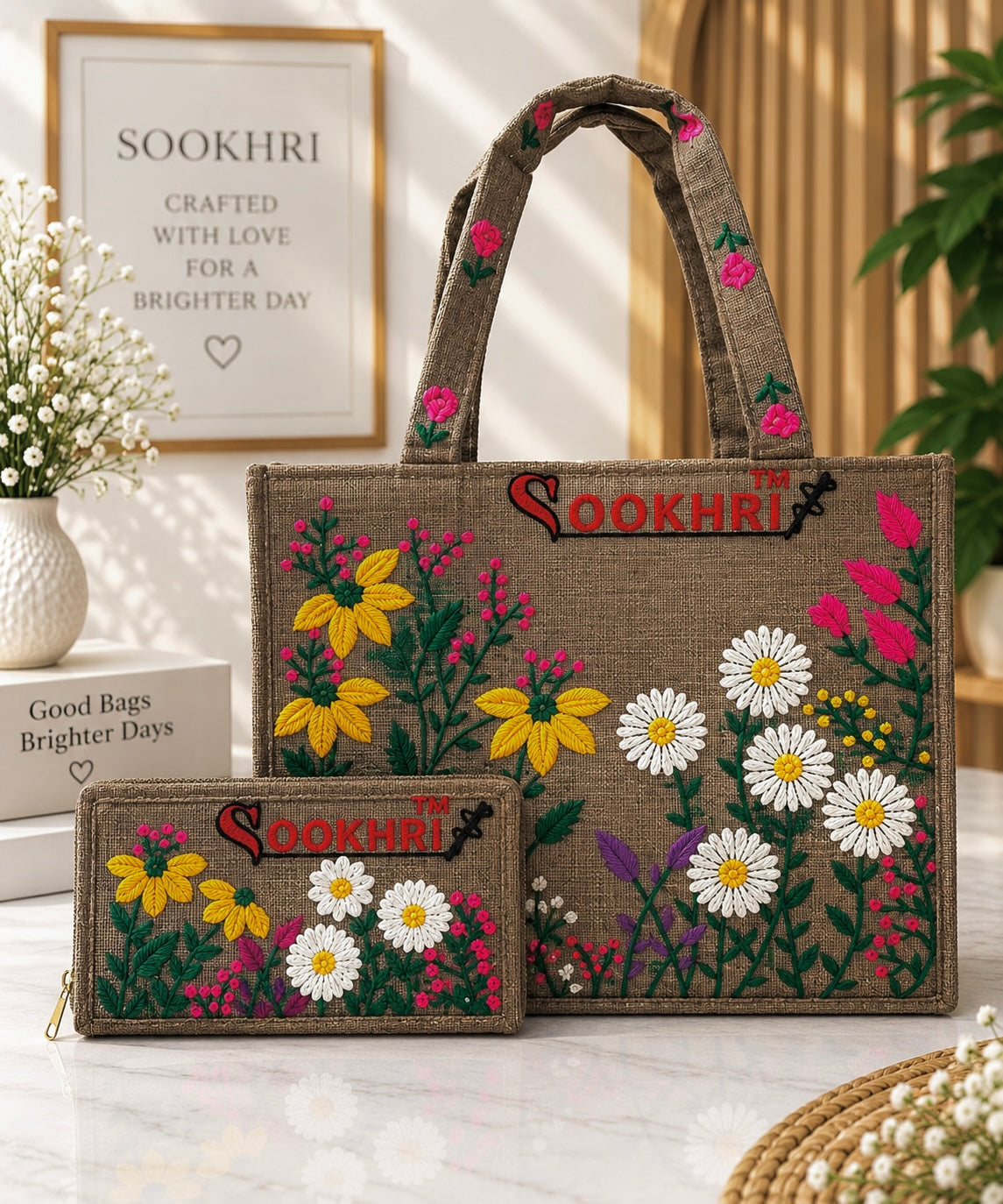 Premium Jute Fabric Floral Embroidered Tote Bag with Matching Clutch – Medium Size