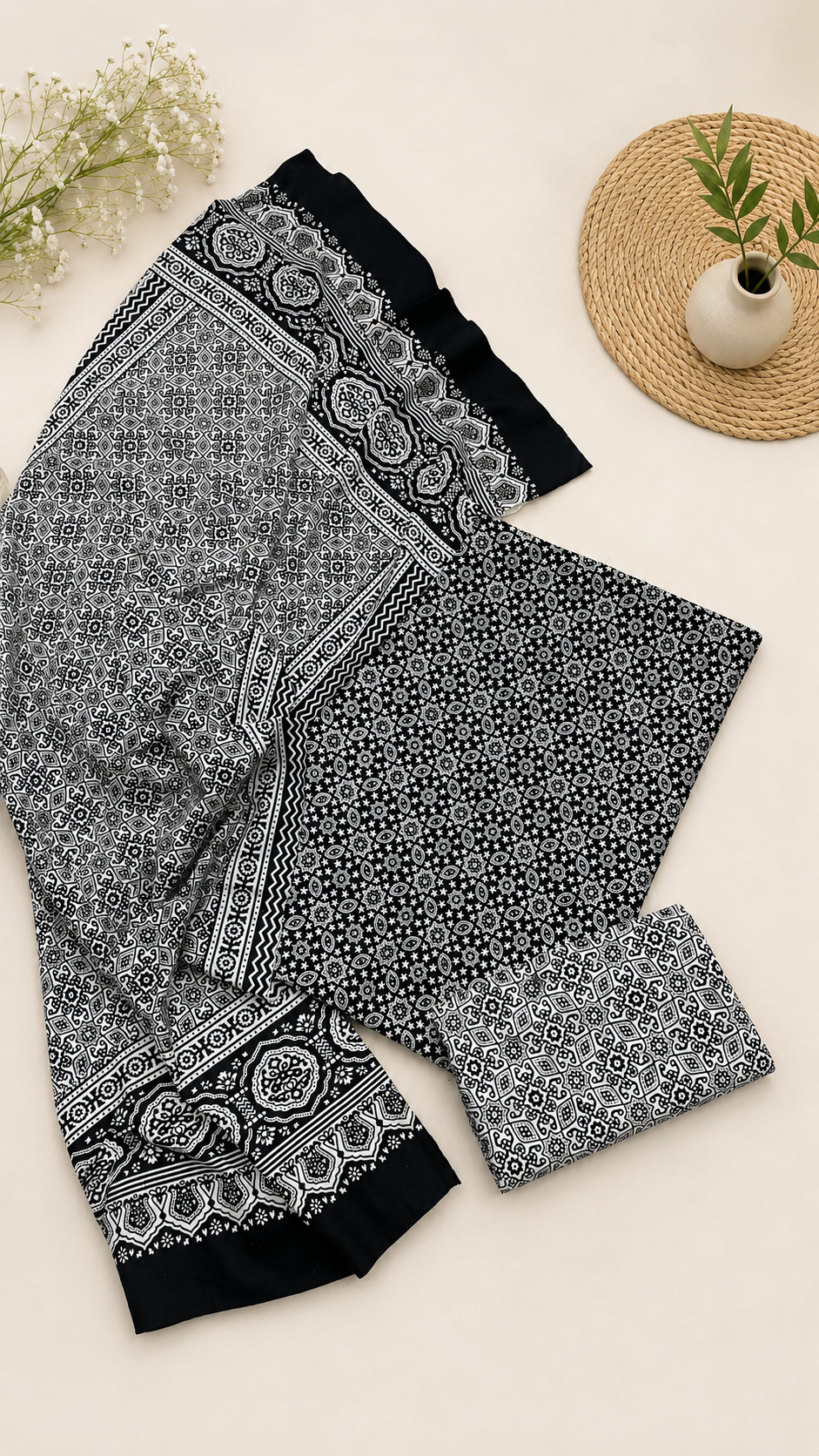 Black Ajrak Hand Block Print Cotton Unstitched 3-Piece Suit | All-Season Wear