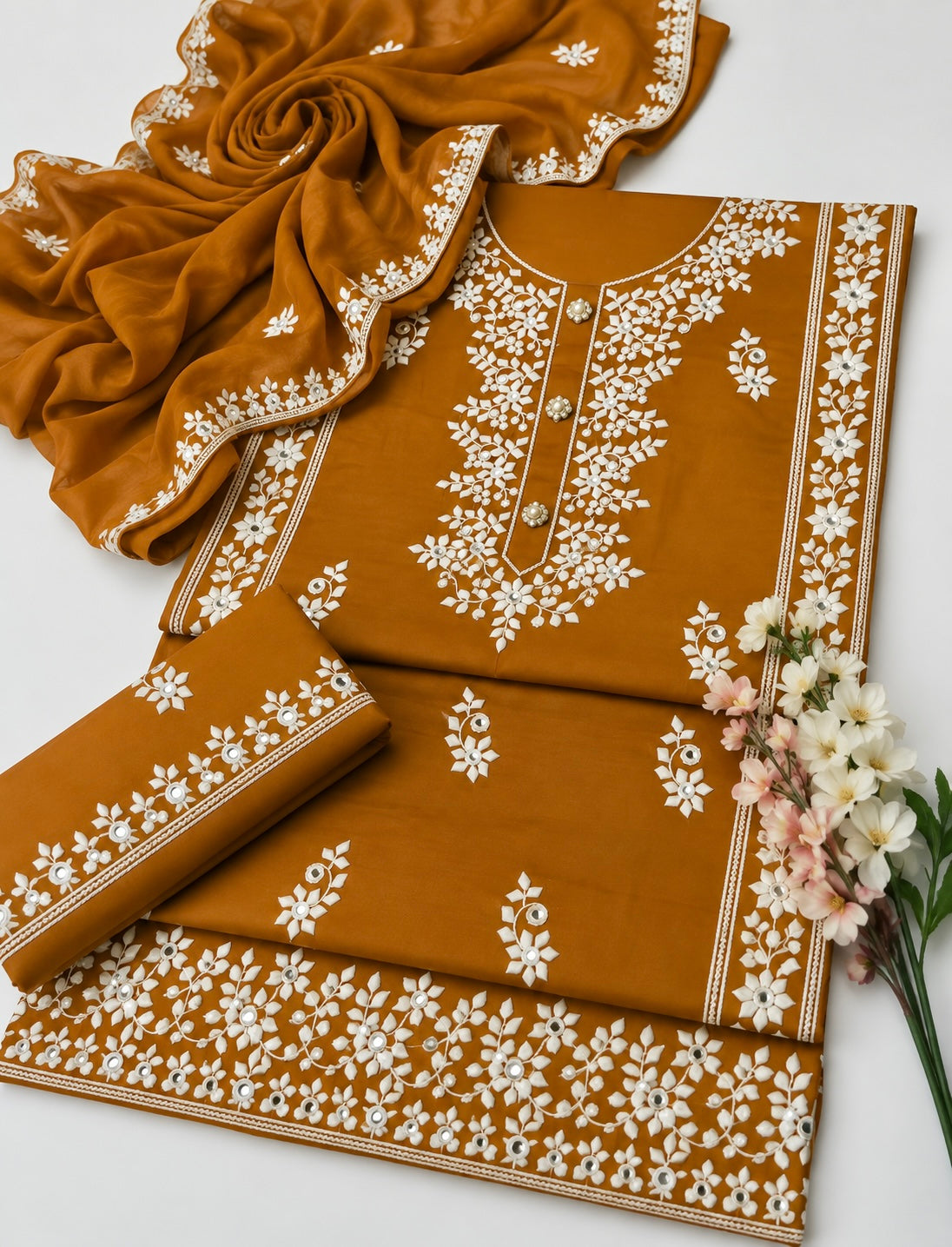 Applic Patti Style Sitara Embroidered Soft Cotton Shirt & Trouser with Chiffon Embroidered Dupatta - 3PC Unstitch Dress 👗