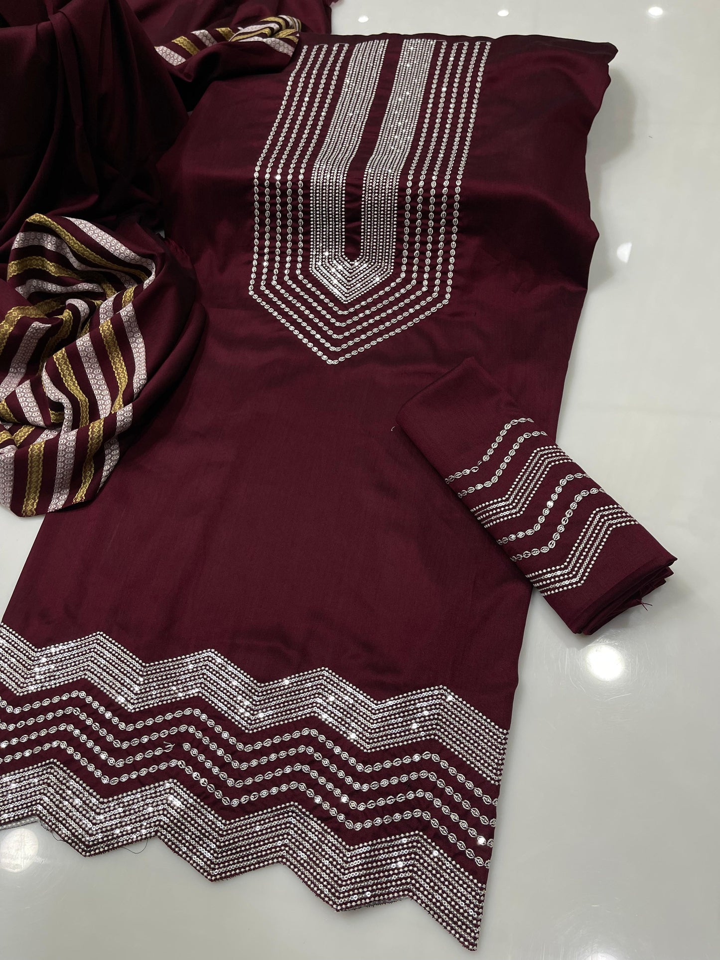 Winter Staple Susi 3-Piece Suit | Sequins Mukesh Work | Premium Thari Jacquard Shawl