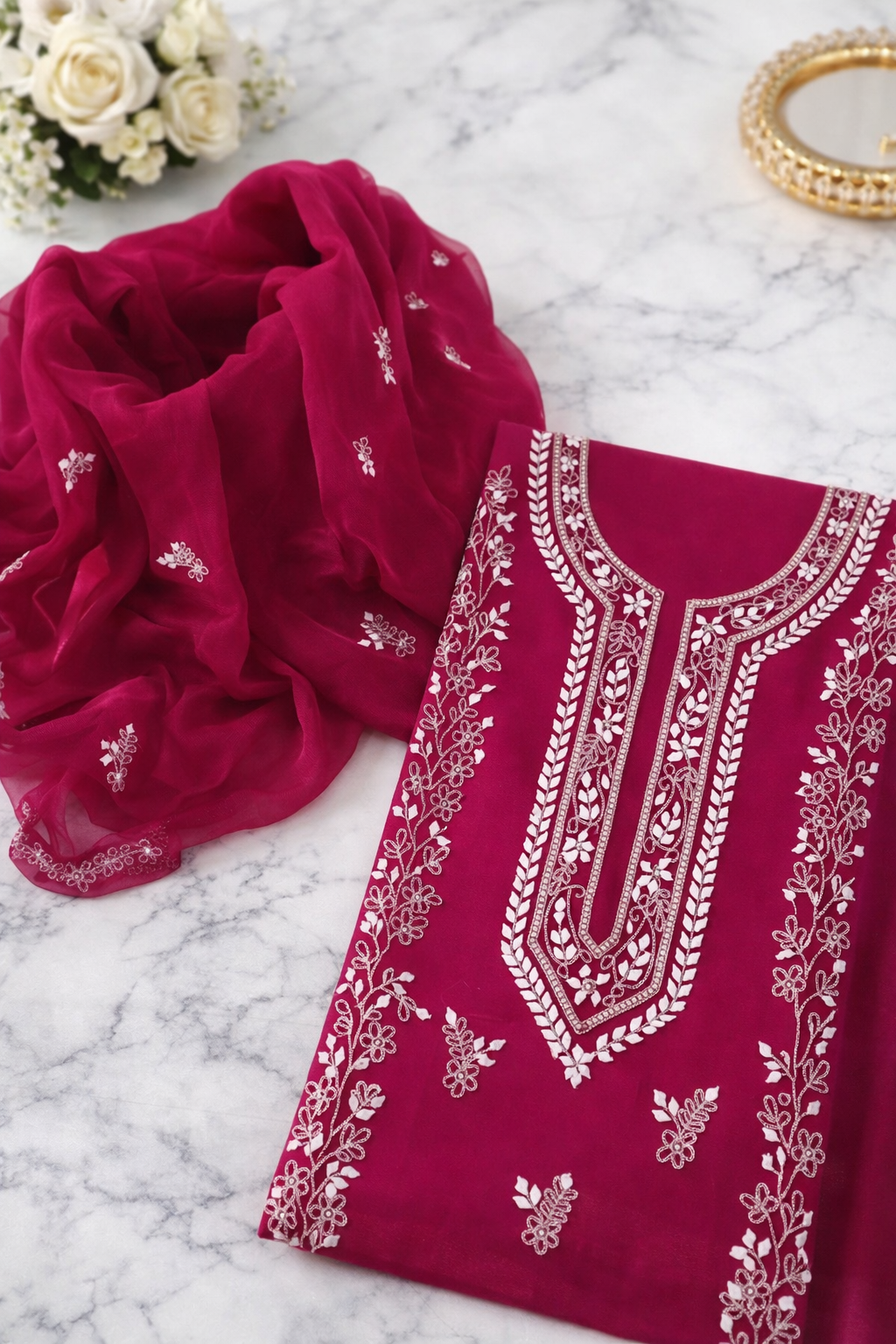 Handmade Applique Leaf, Zari & Pearl Work Lawn Fabric With Chiffon Dupatta 3PC Dress