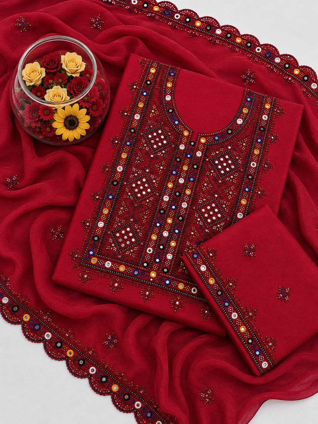 Balochi Thick Thread 9MM Sitara Work Machine Embroidered Soft Cotton with Two Side Cutwork Border Chiffon Dupatta - 3PC Unstitched Dress 👗